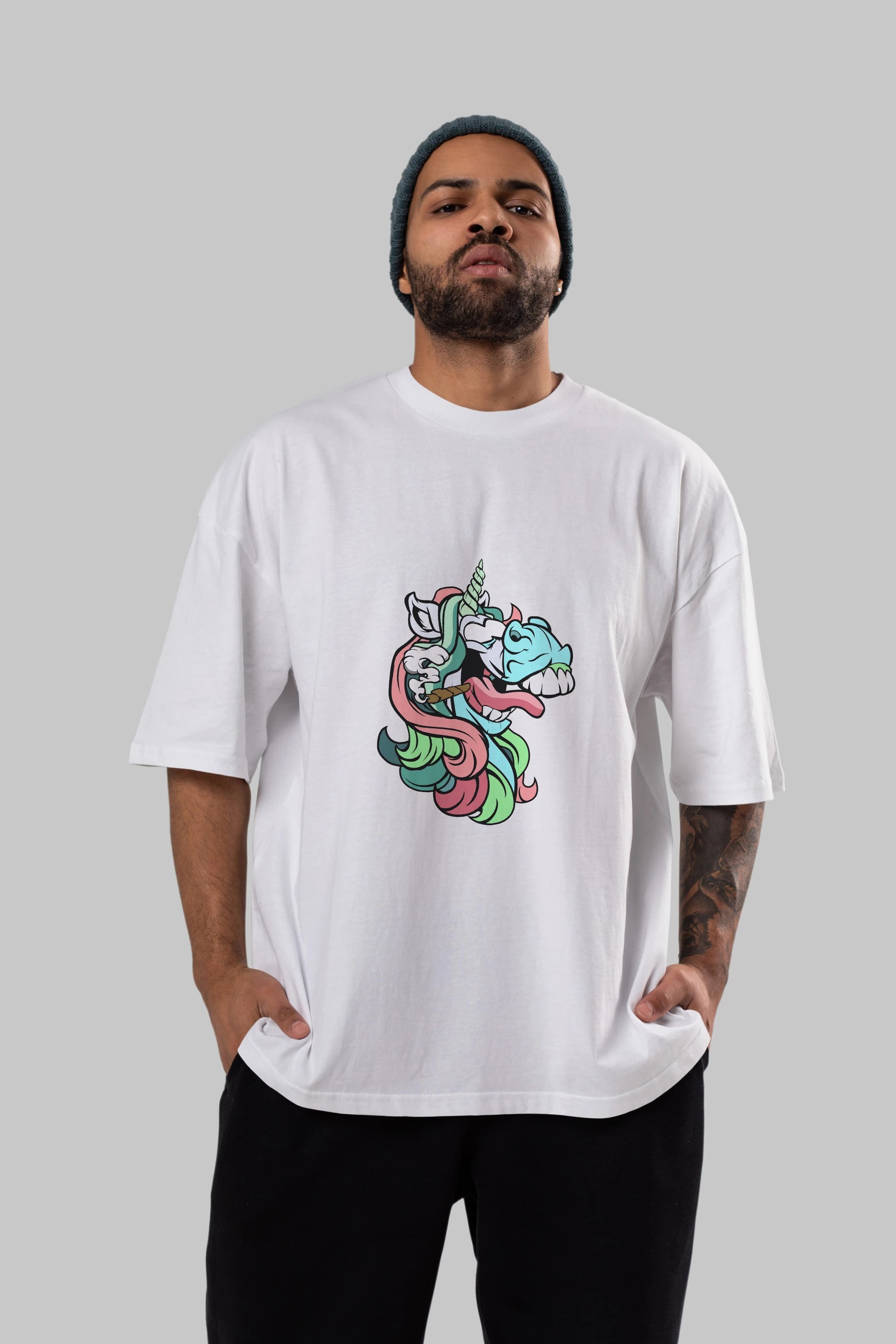 Crazy Unicorn Ön Baskılı Oversize t-shirt Erkek Kadın Unisex %100 Pamuk tişort