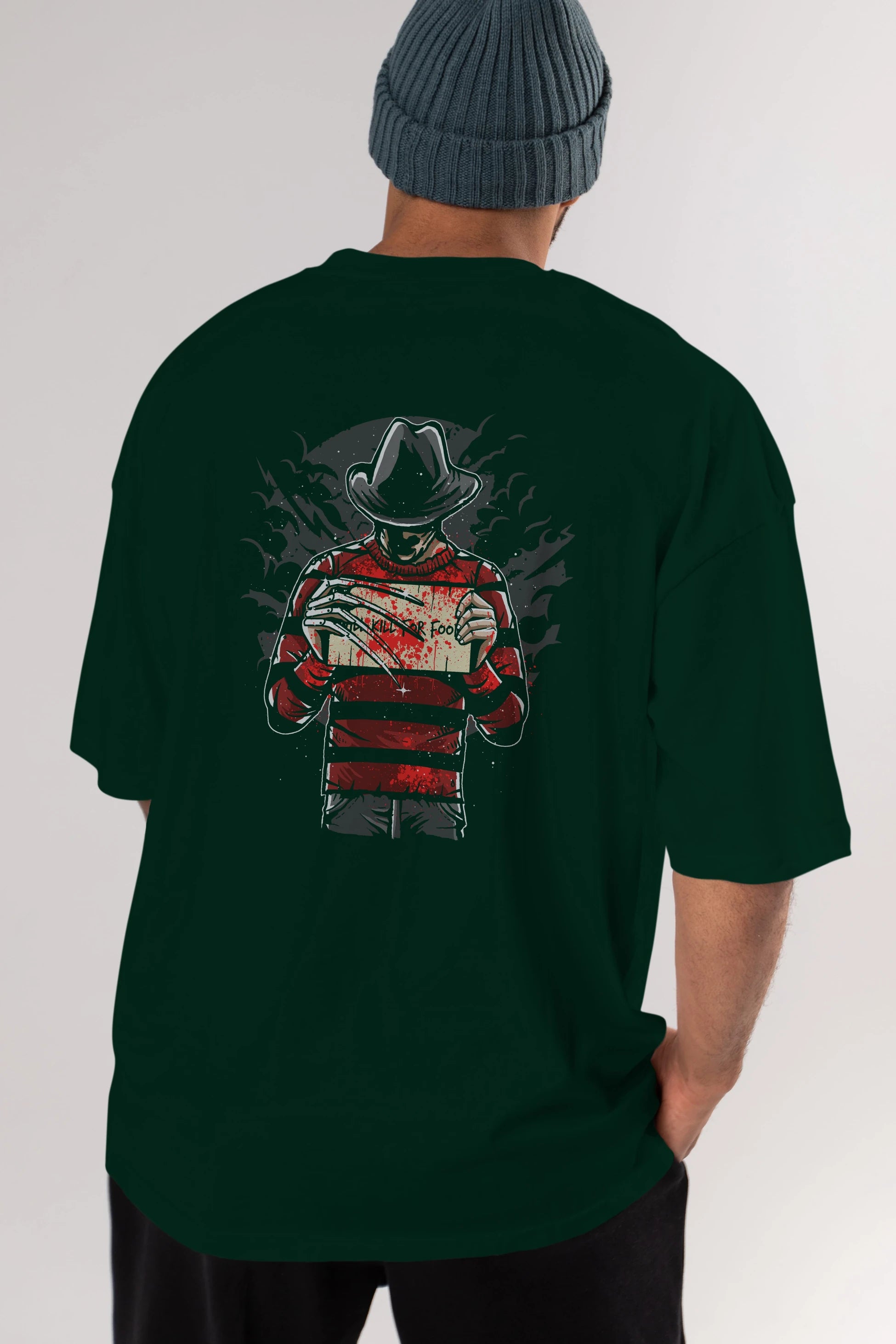 Freddy Will Kill For Food Arka Baskılı Oversize t-shirt Erkek Kadın Unisex %100 Pamuk