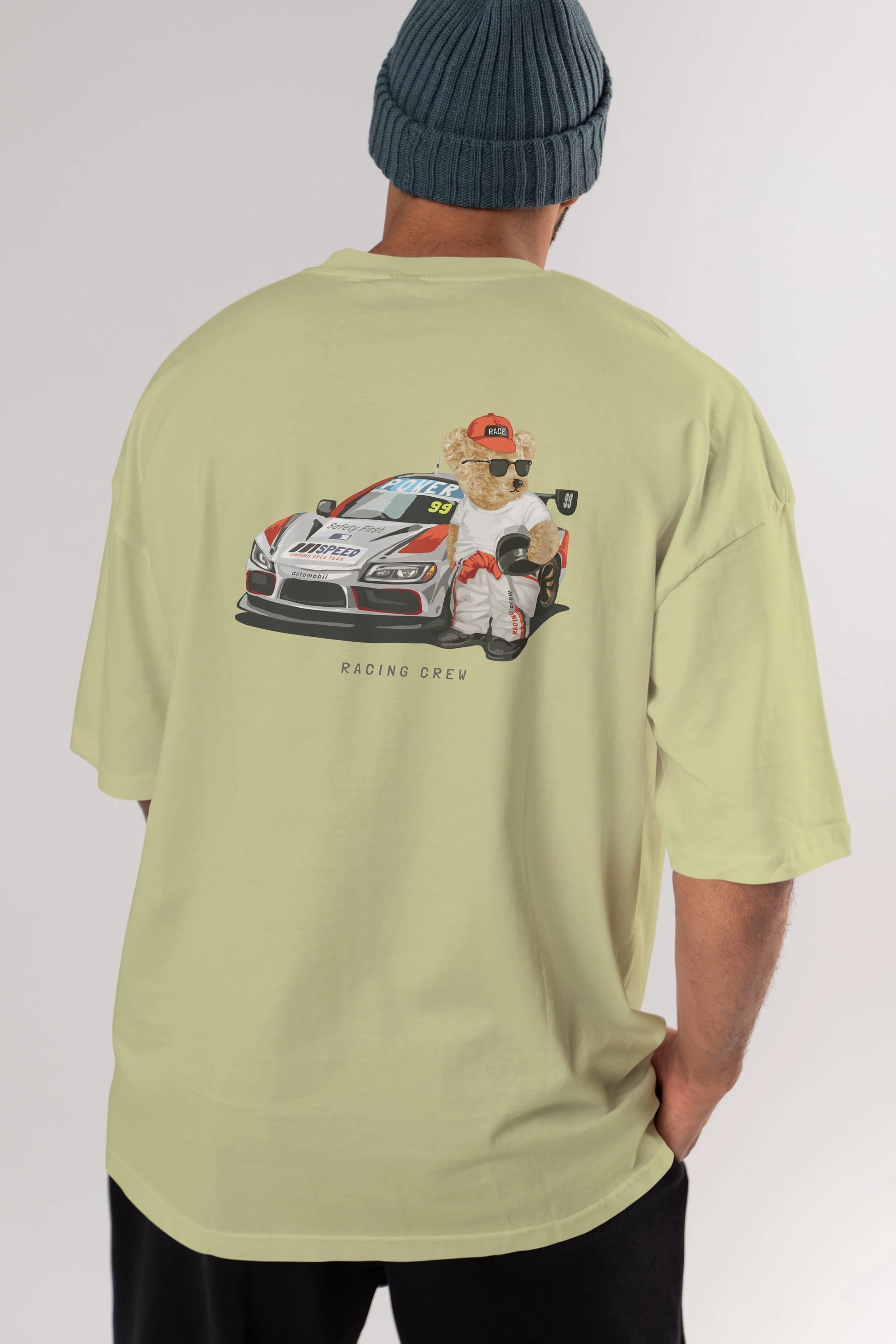 Teddy Bear Racing Crew Arka Baskılı Oversize t-shirt Erkek Kadın Unisex %100 Pamuk