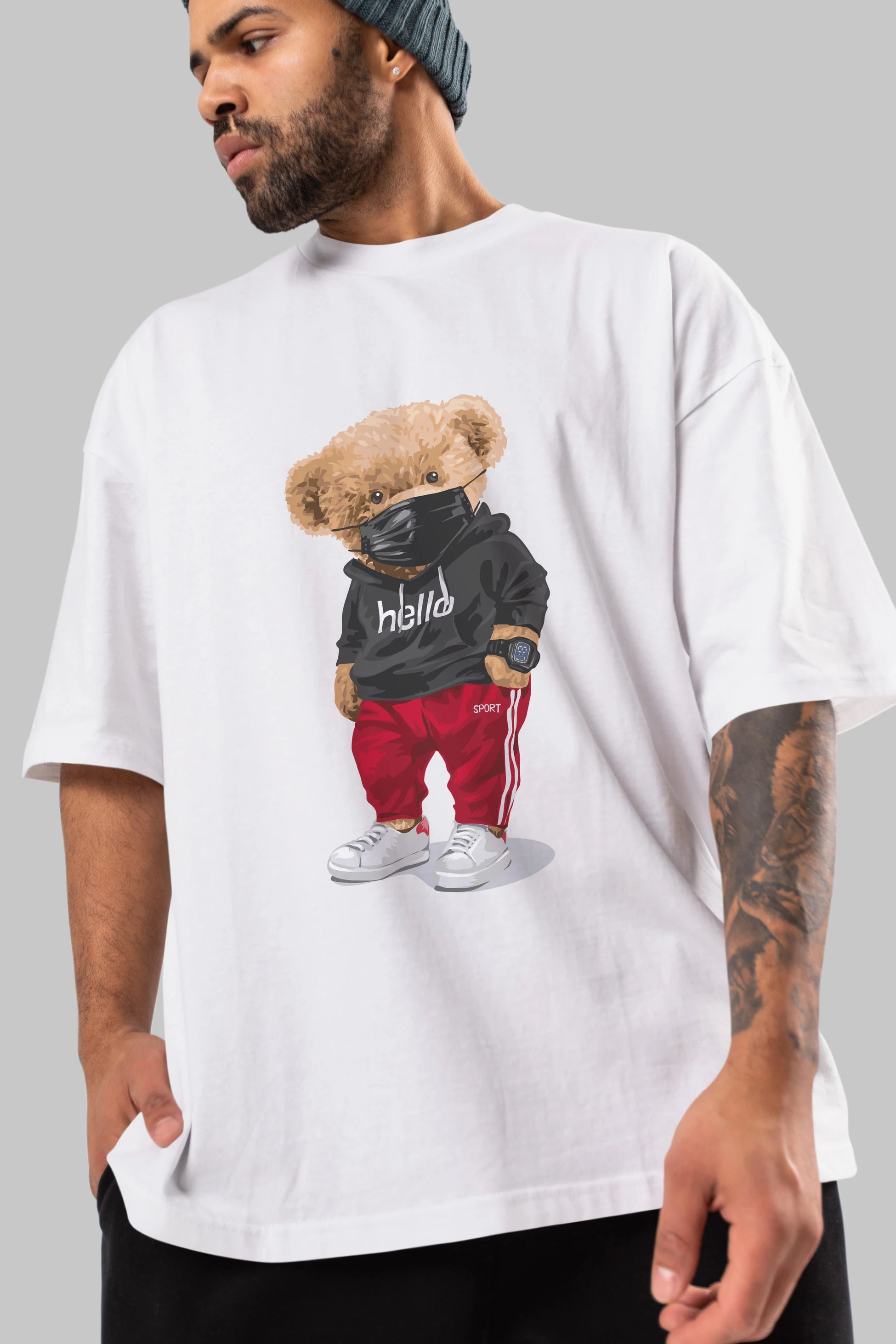 Teddy Bear Hello Sport Ön Baskılı Oversize t-shirt Erkek Kadın Unisex %100 Pamuk