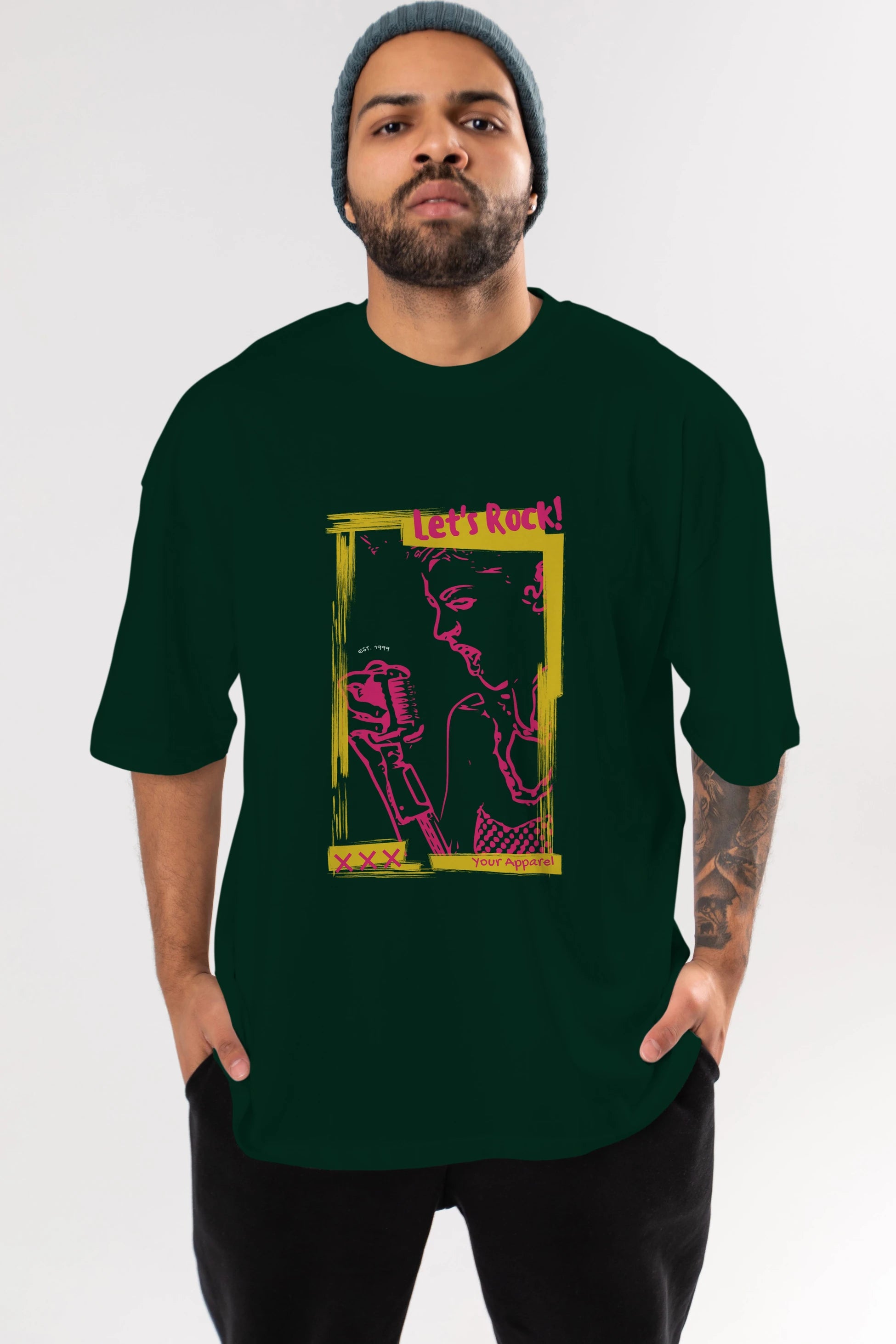 Let's Rock Yazılı Ön Baskılı Oversize t-shirt Erkek Kadın Unisex