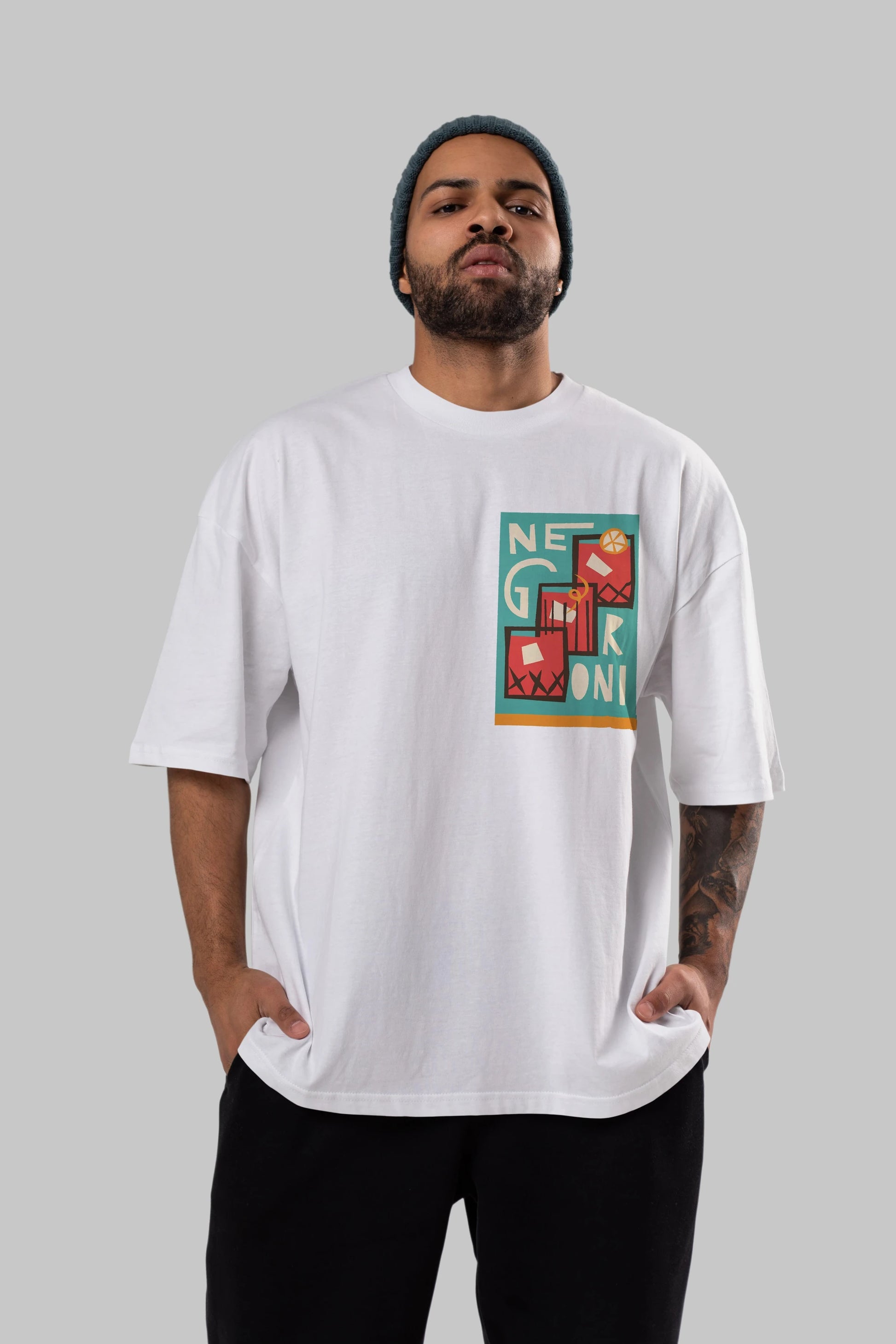 Negroni 3 Ön Sol Baskılı Oversize t-shirt Erkek Kadın Unisex %100 Pamuk Bisiklet Yaka tişort