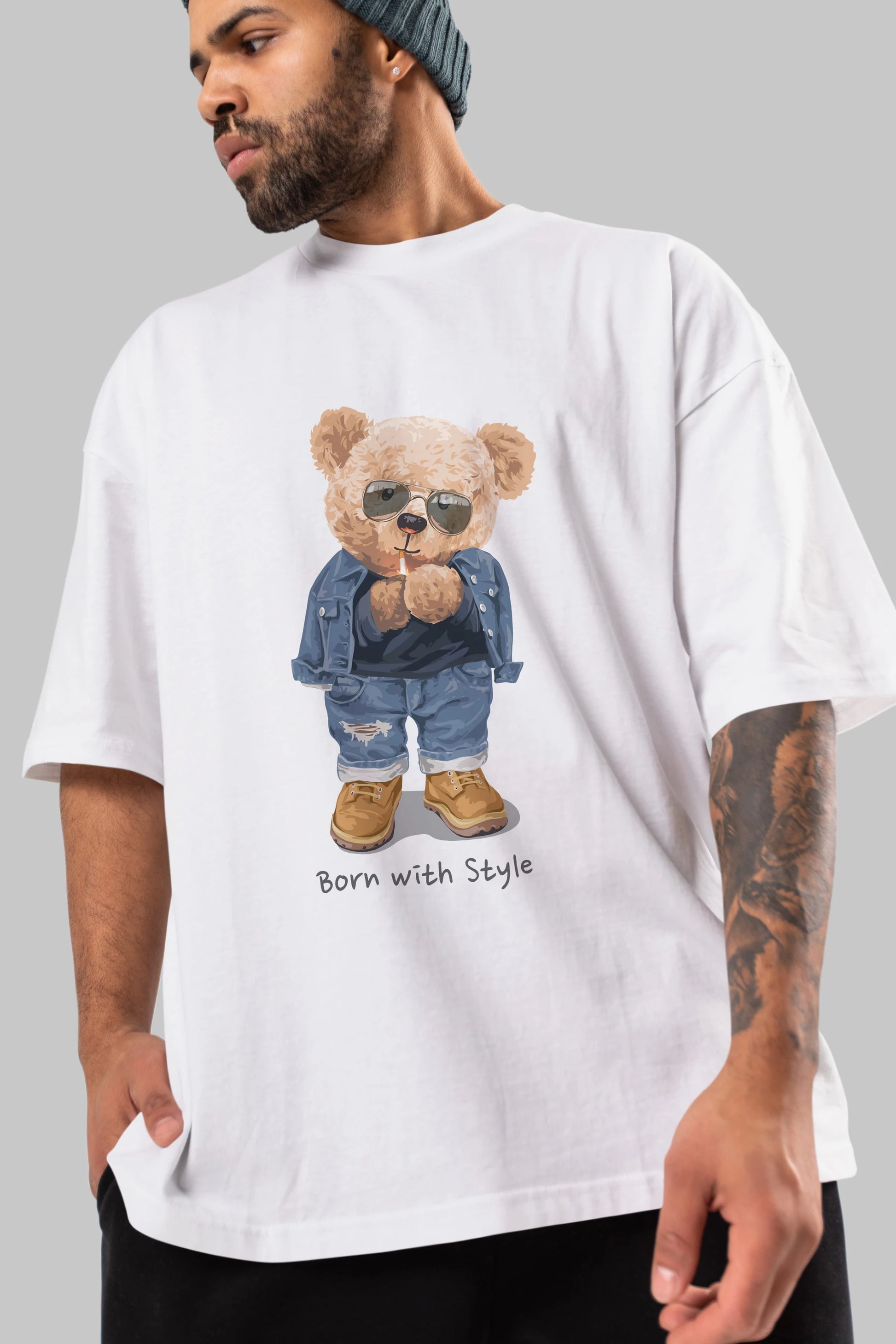 Teddy Bear Born With Style Ön Baskılı Oversize t-shirt Erkek Kadın Unisex %100 Pamuk