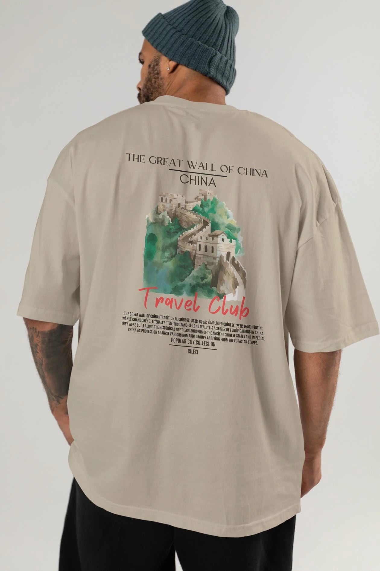 The Great Wall Of China Arka Baskılı Oversize t-shirt Erkek Kadın Pamuk Bisiklet Yaka tişort