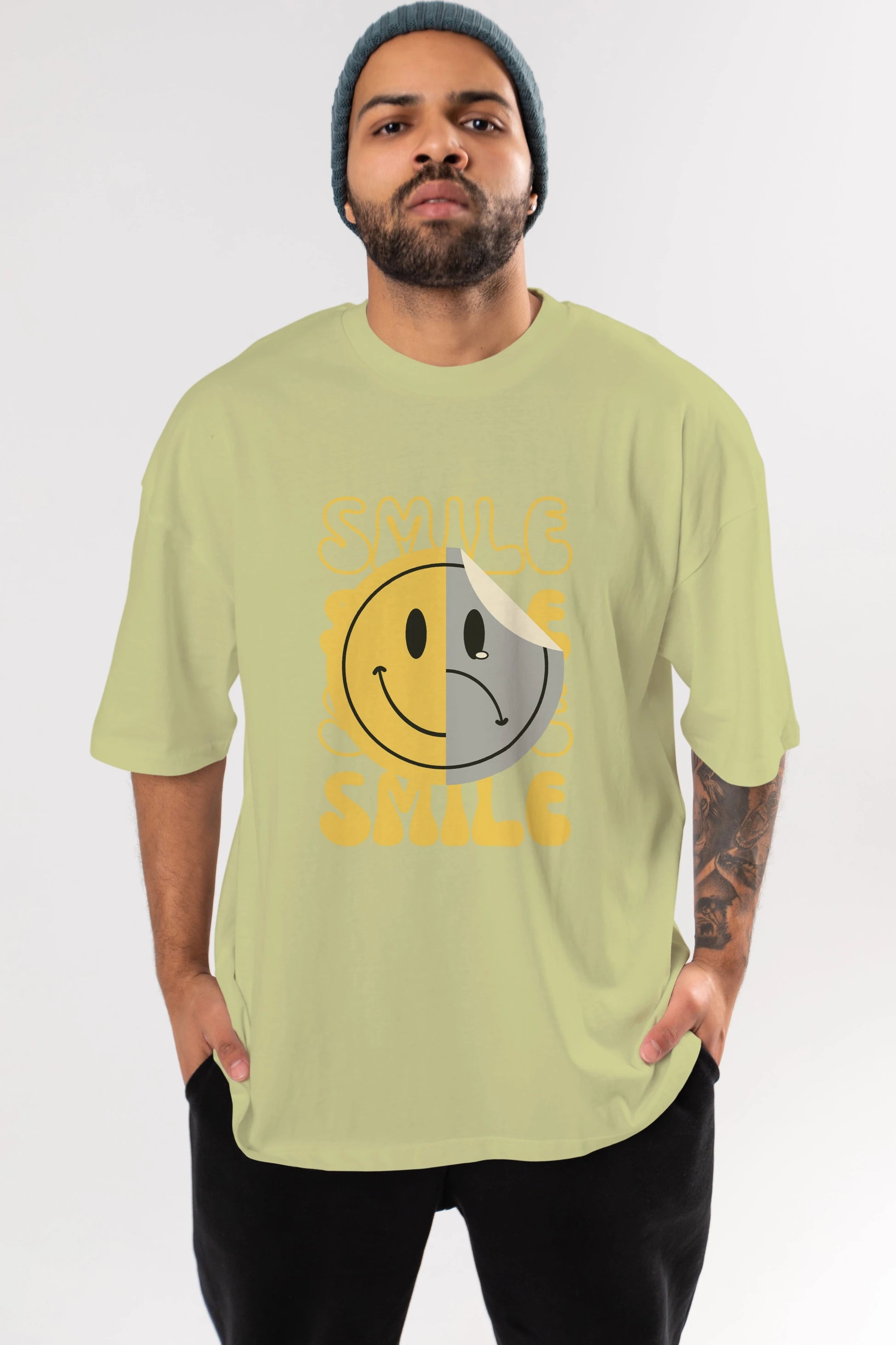 Smile Yazılı Ön Baskılı Oversize t-shirt Erkek Kadın Unisex