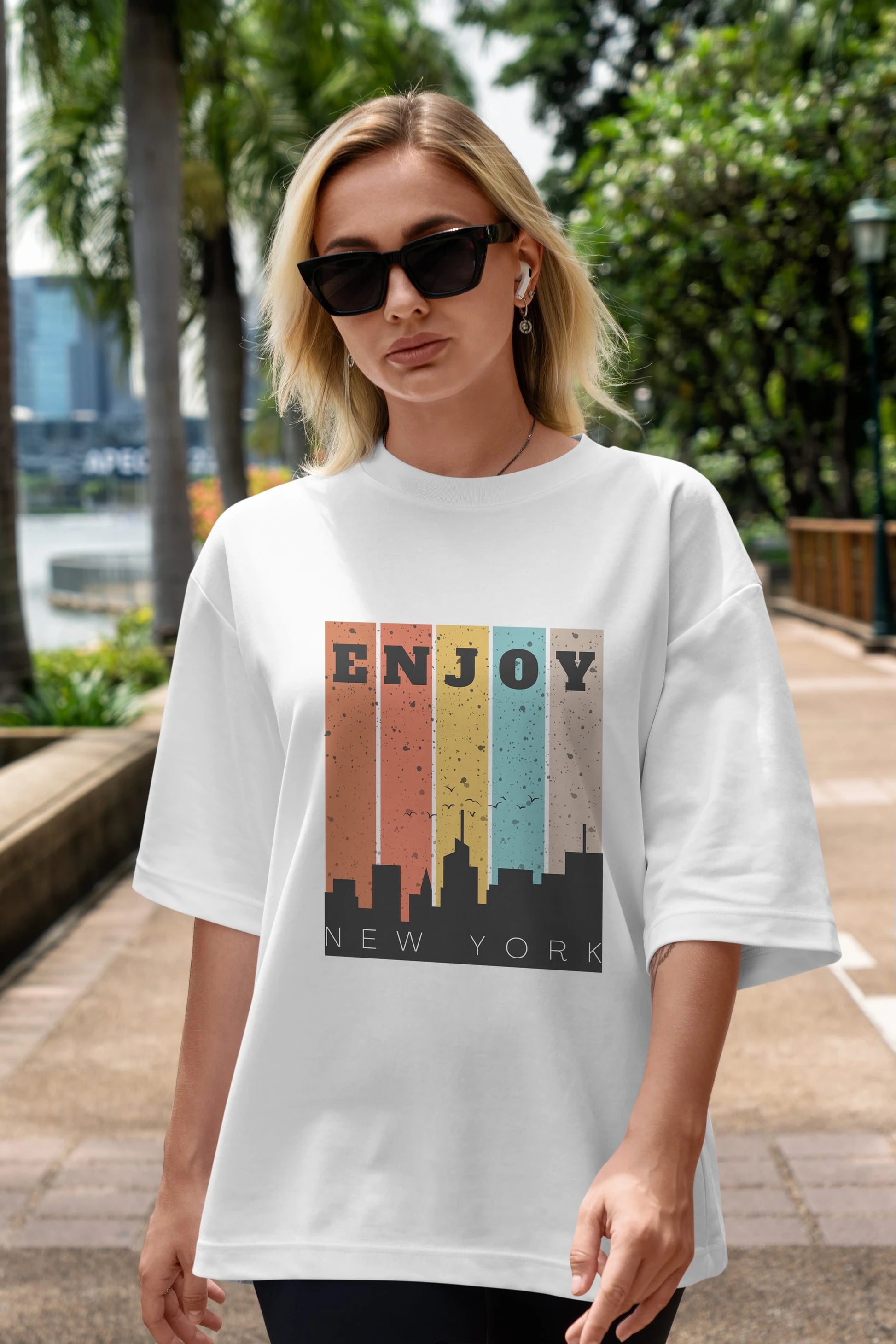 Enjoy New York Yazılı Ön Baskılı Oversize t-shirt Erkek Kadın Unisex