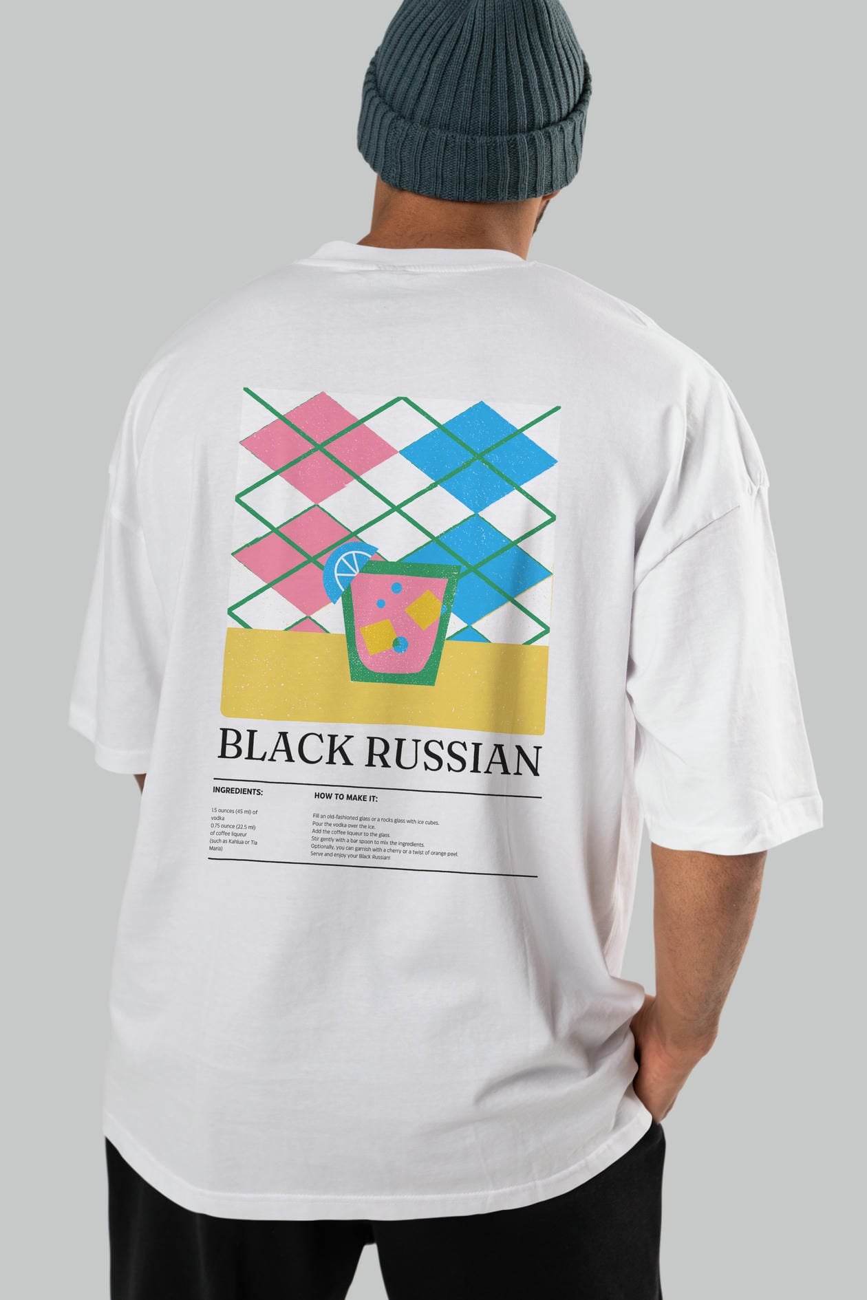 Black Russian Kokteyl Serisi Arka Baskılı Oversize t-shirt Erkek Kadın %100 Pamuk Bisiklet Yaka tişort