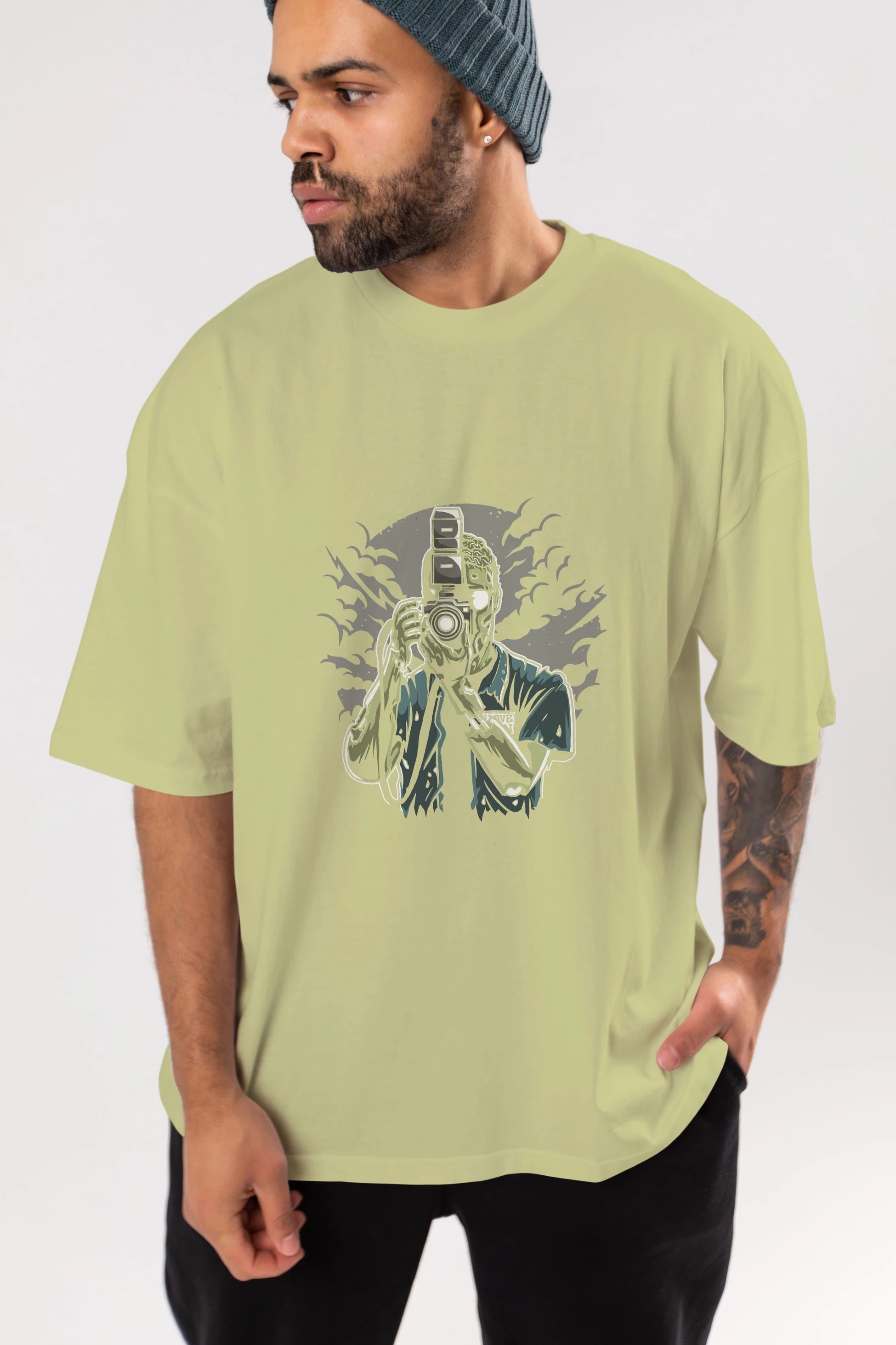 Zombie Photographer Ön Baskılı Oversize t-shirt Erkek Kadın Unisex %100 Pamuk tişort