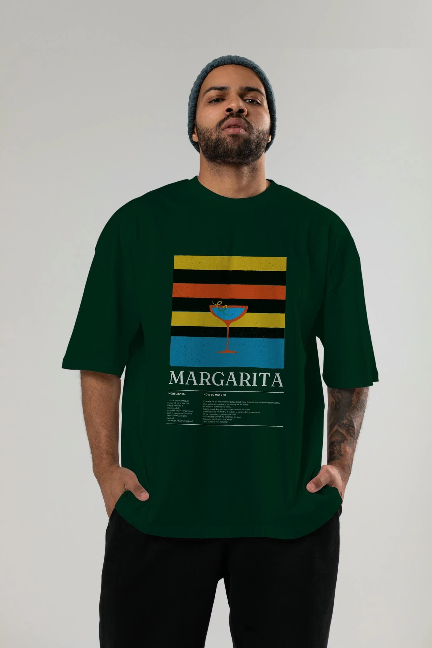 Margarita Kokteyl Ön Baskılı Oversize t-shirt Erkek Kadın %100 Pamuk Bisiklet Yaka tişort