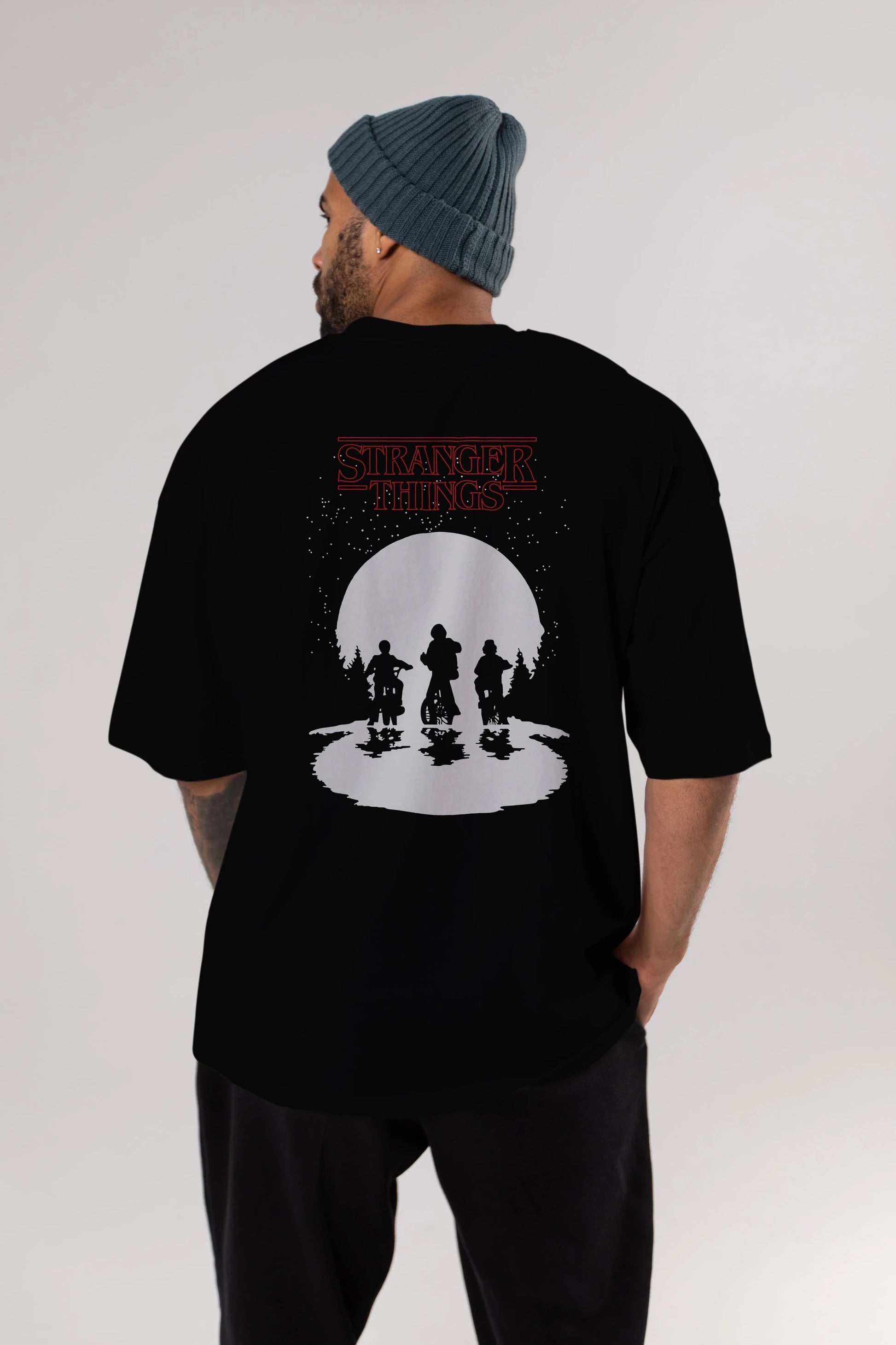 Stranger Things Arka Baskılı Oversize t-shirt Erkek Kadın Unisex %100 Pamuk Bisiklet Yaka tişort