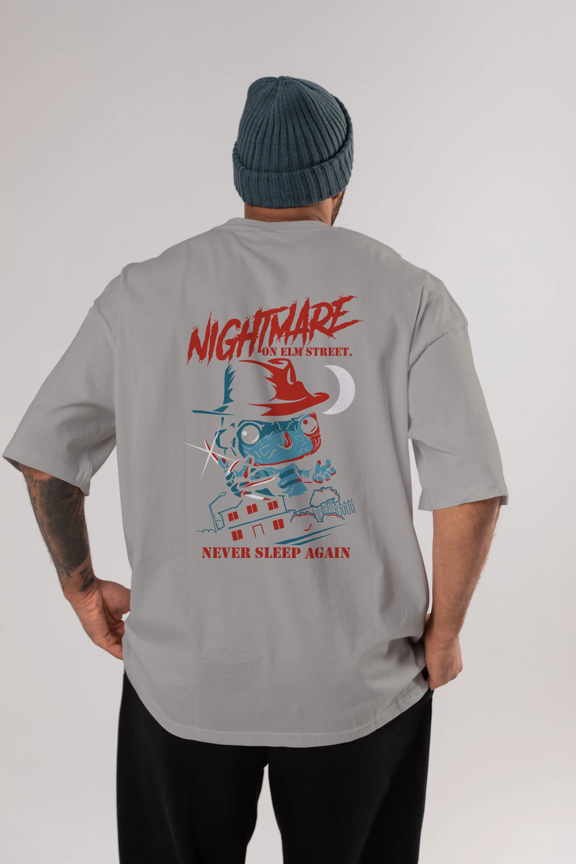 Nightmare Elm Sokağı Arka Baskılı Oversize t-shirt Erkek Kadın Unisex %100 Pamuk Bisiklet Yaka tişort