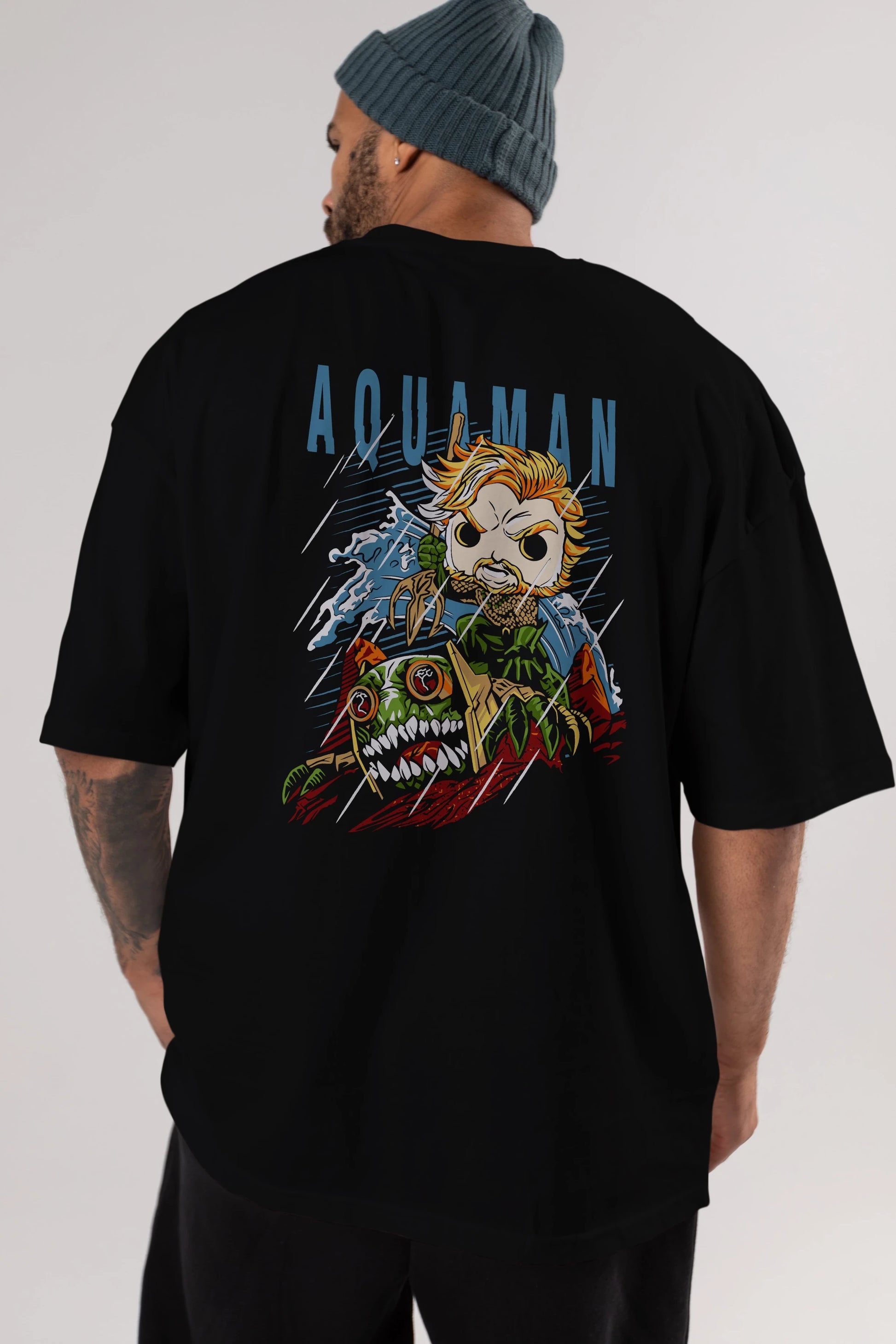 Aquaman Arka Baskılı Oversize t-shirt Erkek Kadın Unisex %100 Pamuk Bisiklet Yaka tişort