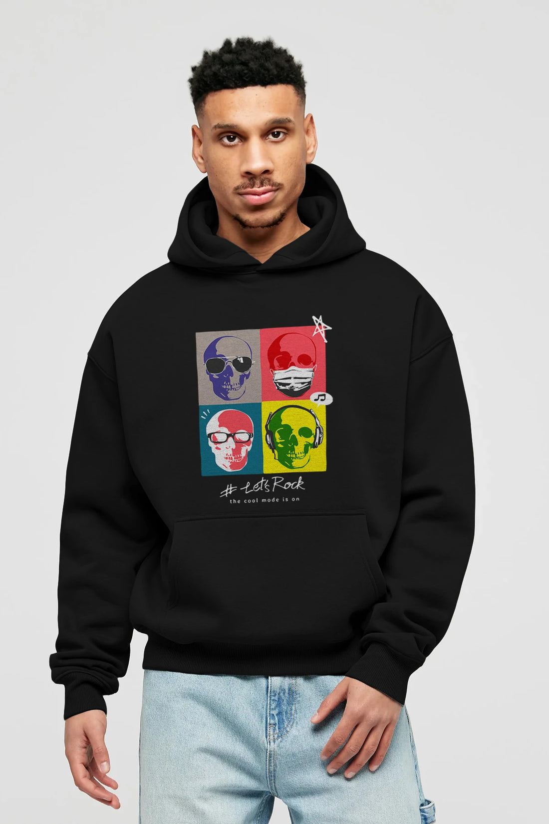 Lets Rock Ön Baskılı Hoodie Oversize Kapüşonlu Sweatshirt Erkek Kadın Unisex