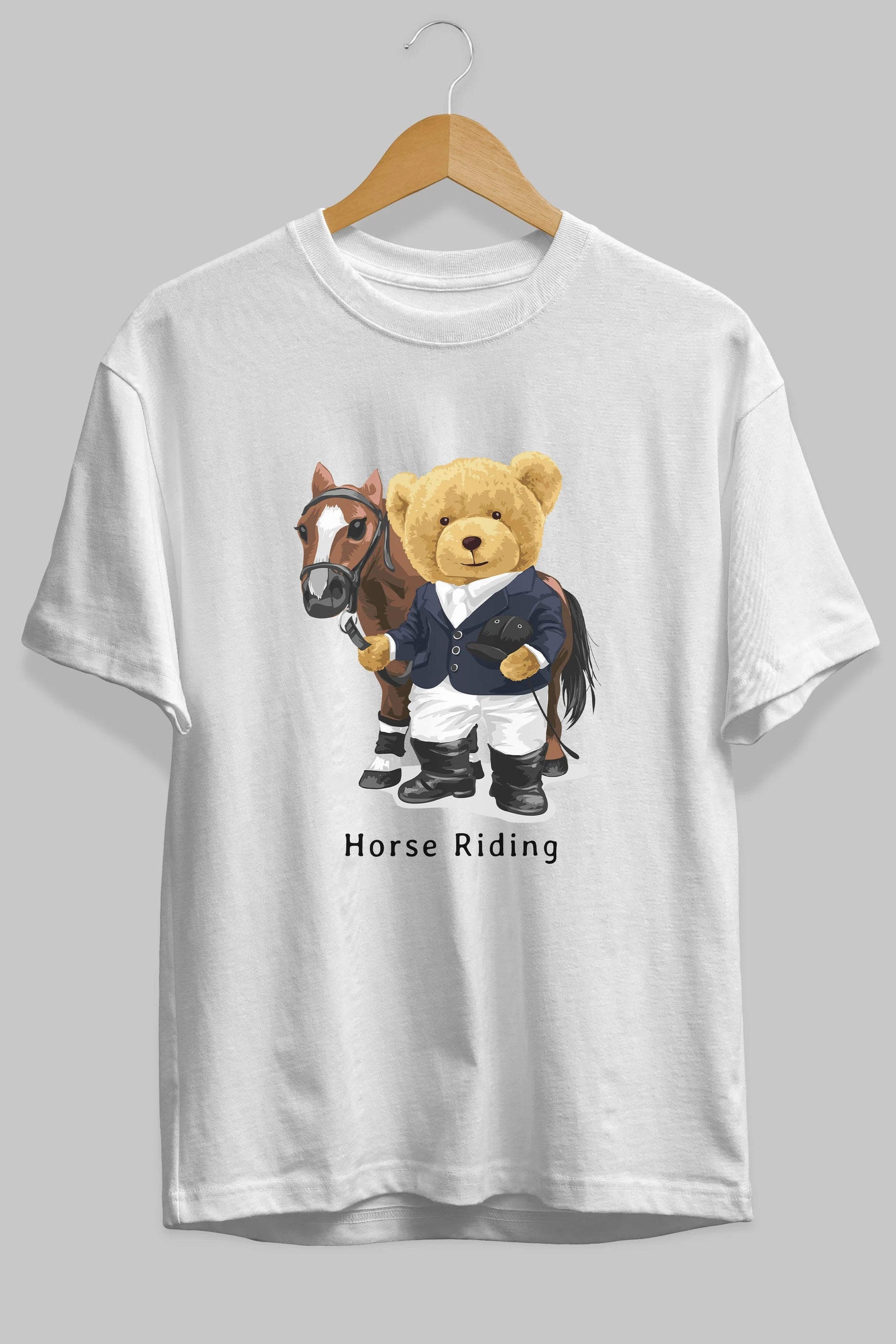 Teddy Bear Horse Riding Ön Baskılı Oversize t-shirt Erkek Kadın Unisex %100 Pamuk
