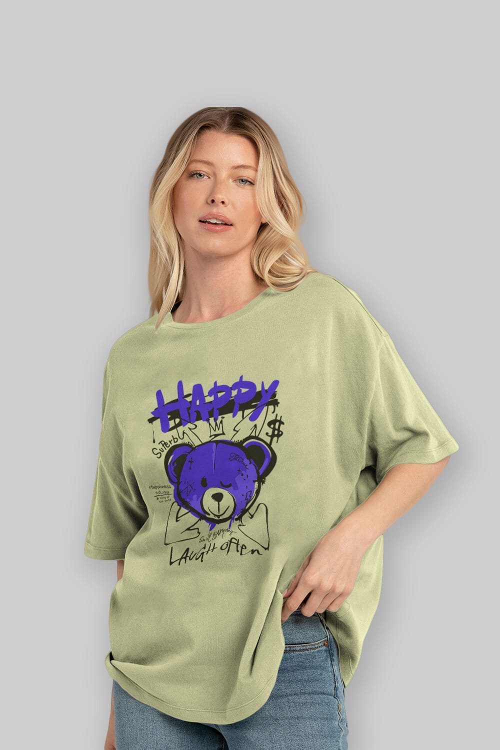 Happy Bear Ön Baskılı Oversize t-shirt Erkek Kadın Unisex