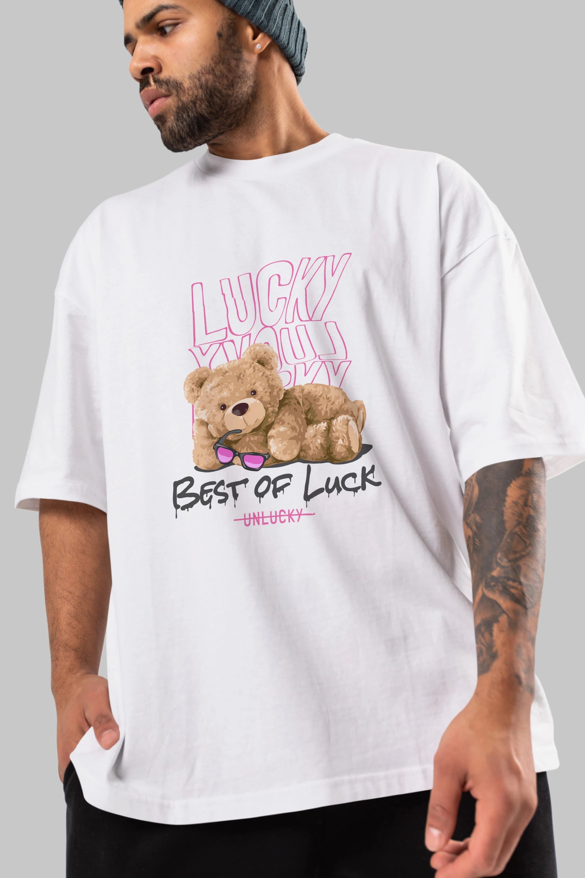 Best of Lucky Bear Ön Baskılı Oversize t-shirt Erkek Kadın Unisex