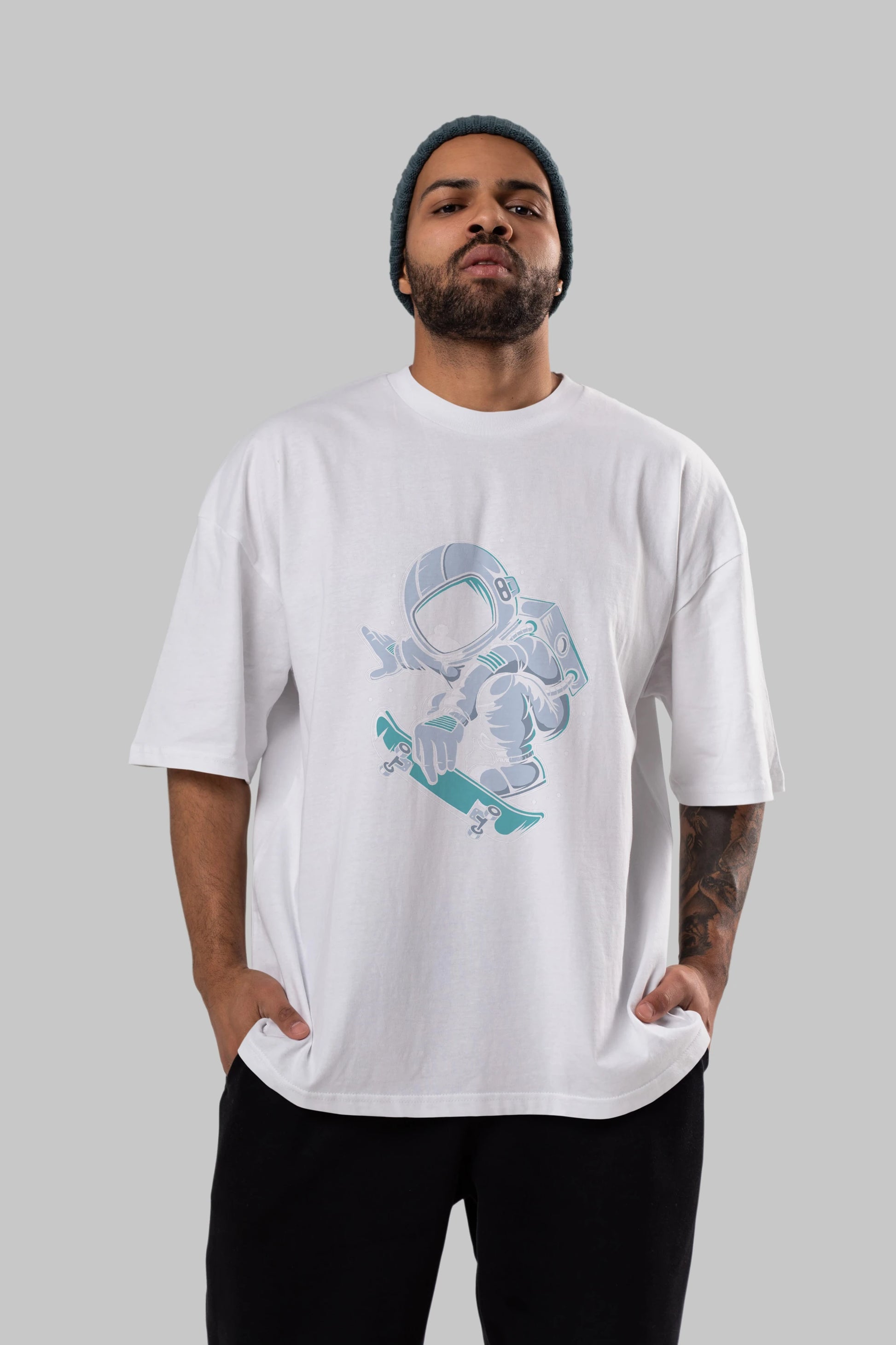 Astronaut Skateboard Jump Ön Baskılı Oversize t-shirt Erkek Kadın Unisex