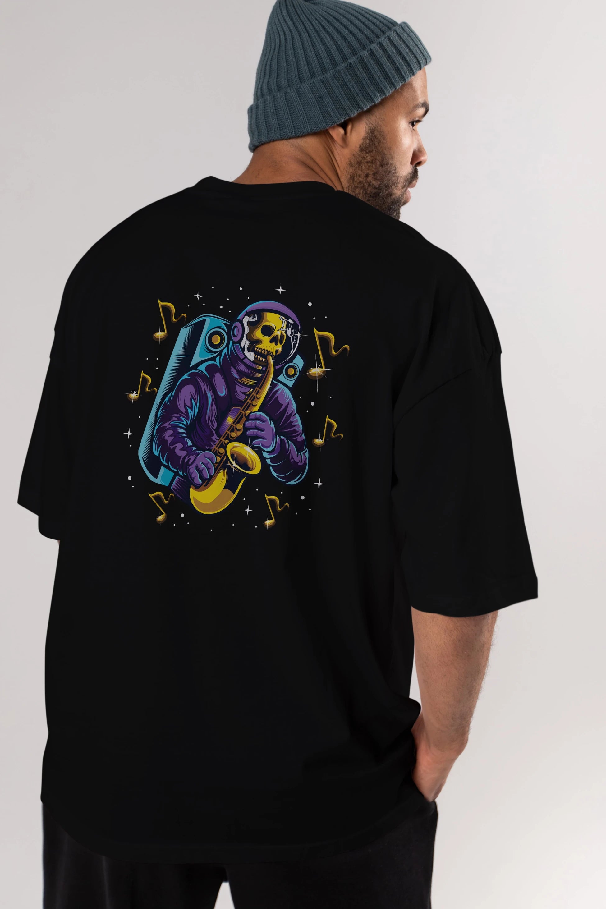 Astroskull Saxophonist Arka Baskılı Oversize t-shirt Erkek Kadın Unisex