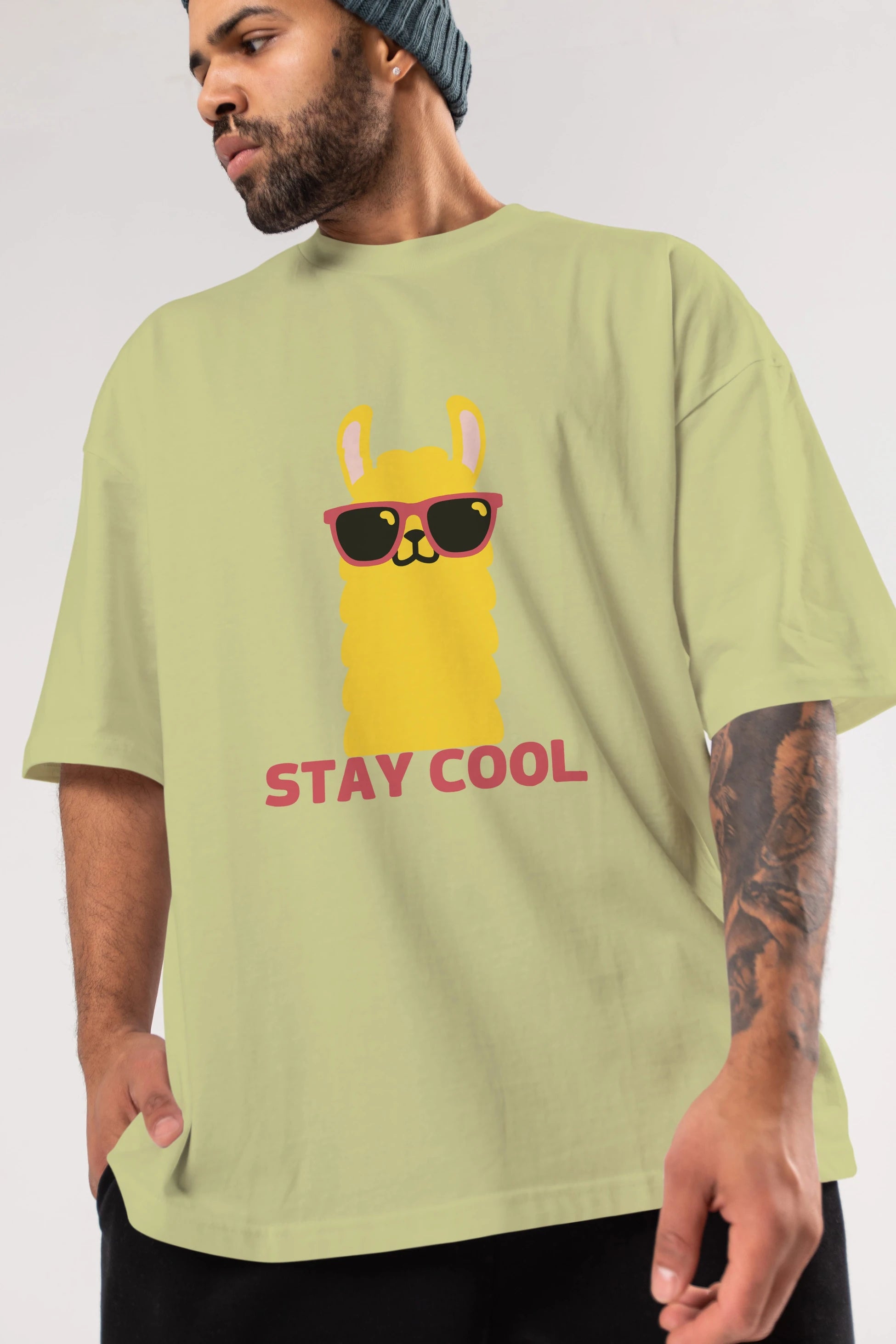 Stay Cool Yazılı Lama Ön Baskılı Oversize t-shirt Erkek Kadın Unisex