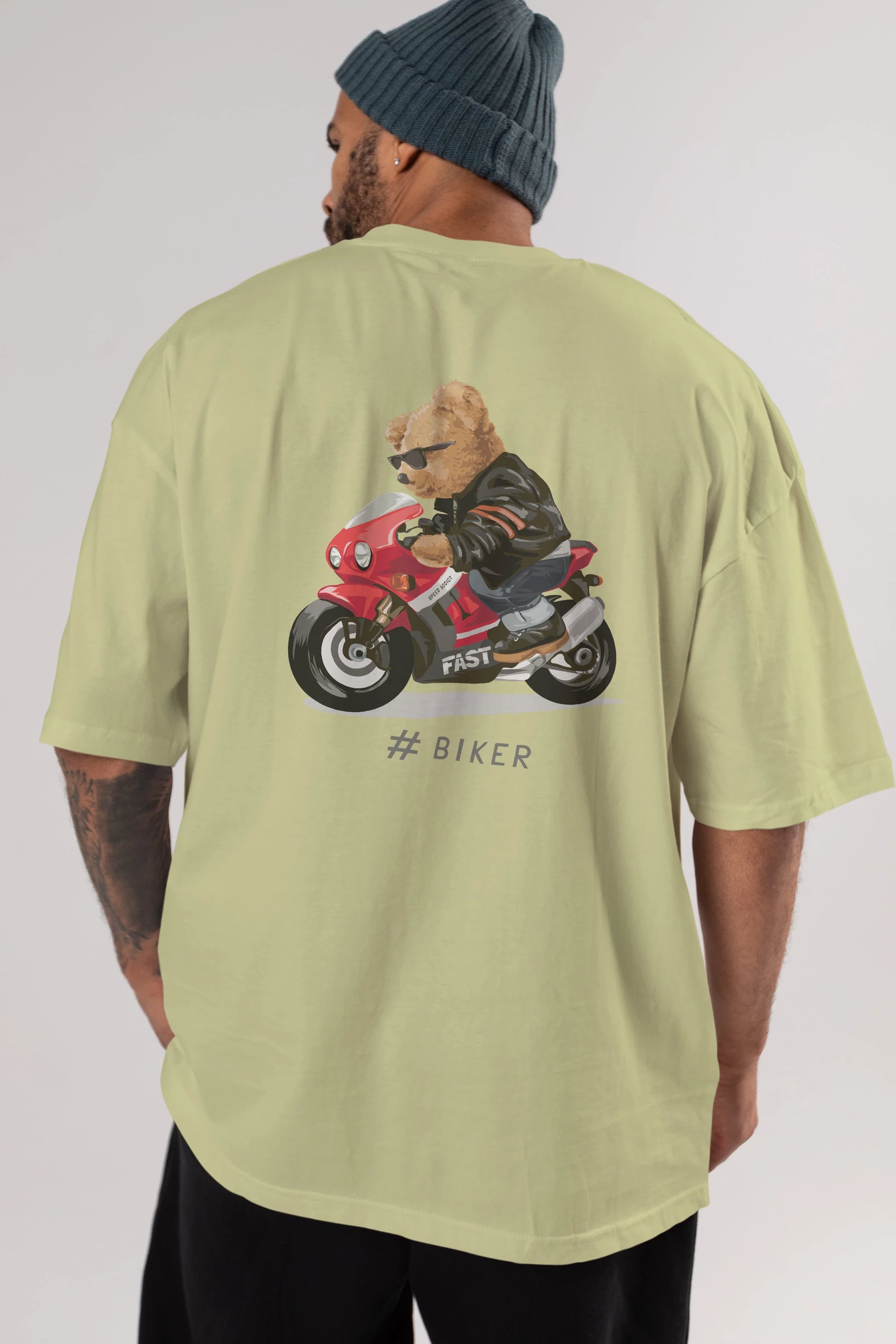 Teddy Bear Biker Arka Baskılı Oversize t-shirt Erkek Kadın Unisex %100 Pamuk