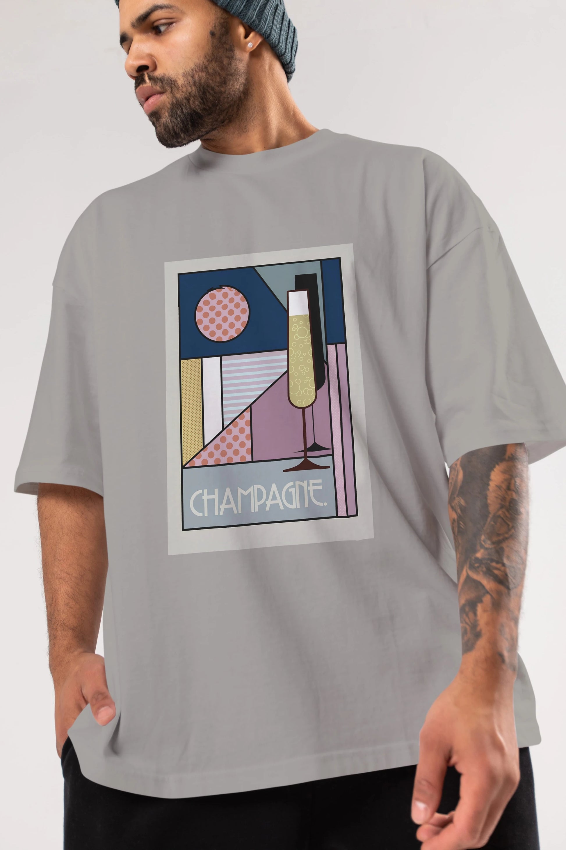 Champagne Ön Baskılı Oversize t-shirt Erkek Kadın Unisex %100 Pamuk Bisiklet Yaka tişort