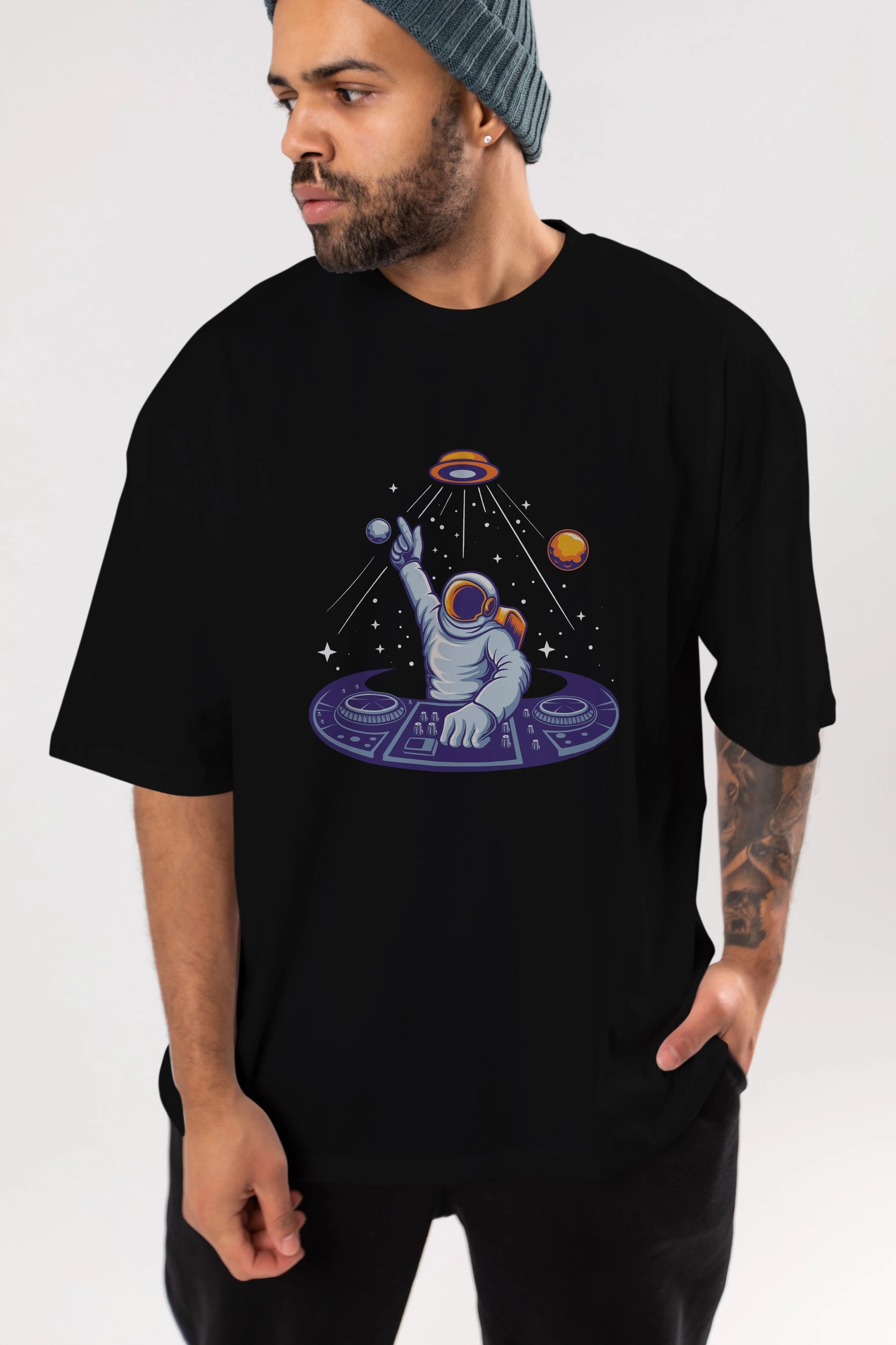 Astronaut Disk Jockey Party Ön Baskılı Oversize t-shirt Erkek Kadın Unisex