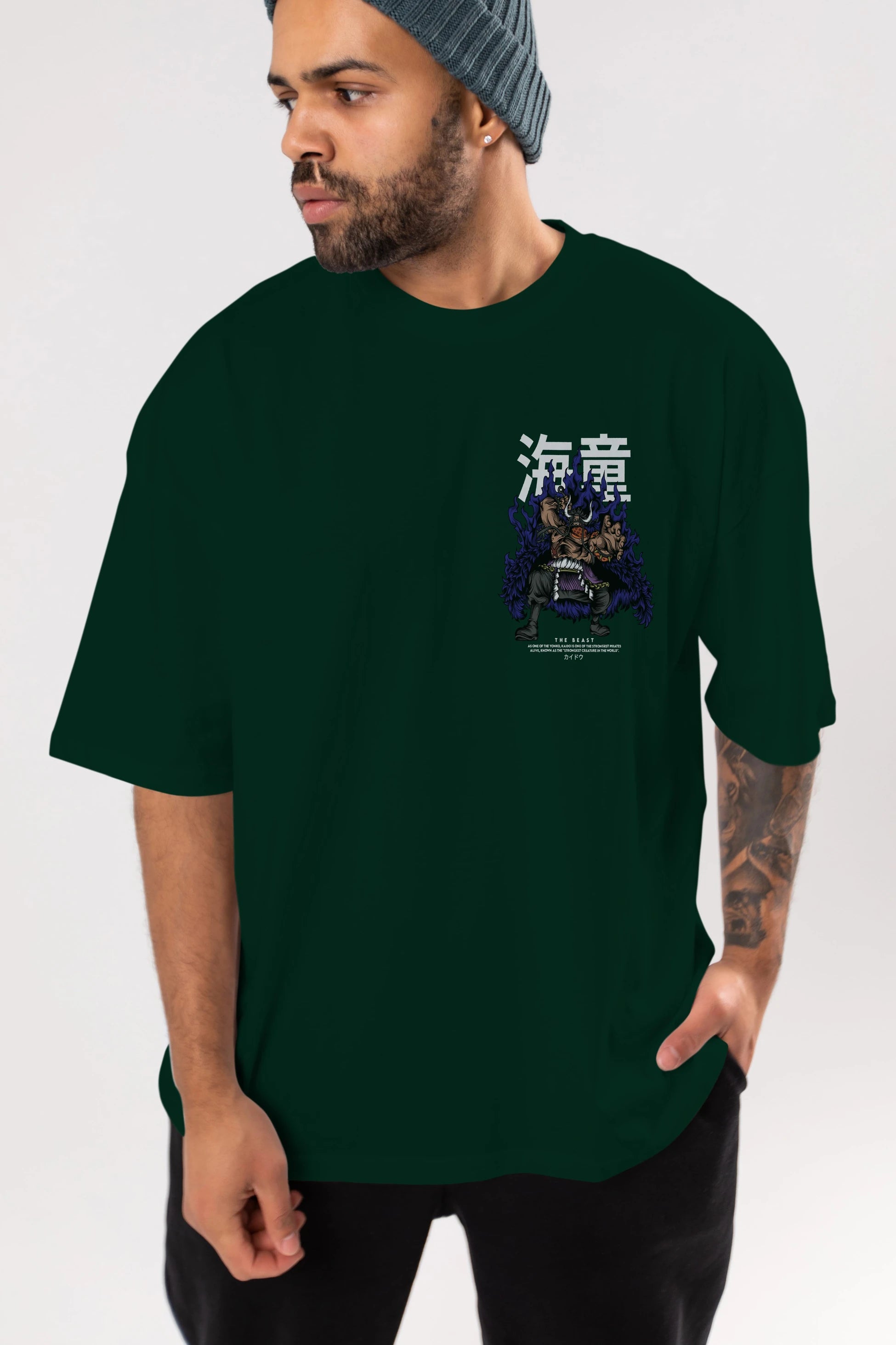 Kaido Ön Sol Baskılı Oversize t-shirt Erkek Kadın Unisex %100 Pamuk Bisiklet Yaka tişort