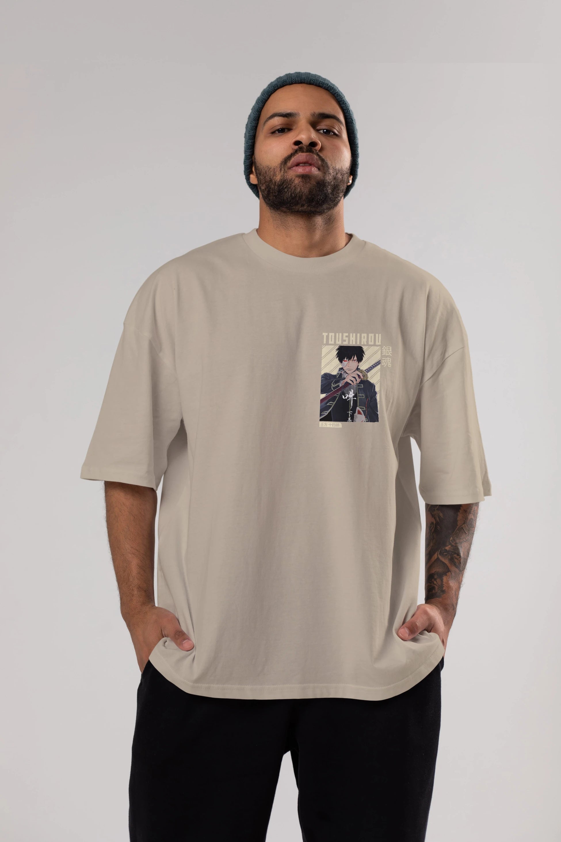 Toushirou Hijikata Ön Sol Baskılı Oversize t-shirt Erkek Kadın Unisex %100 Pamuk Bisiklet Yaka tişort