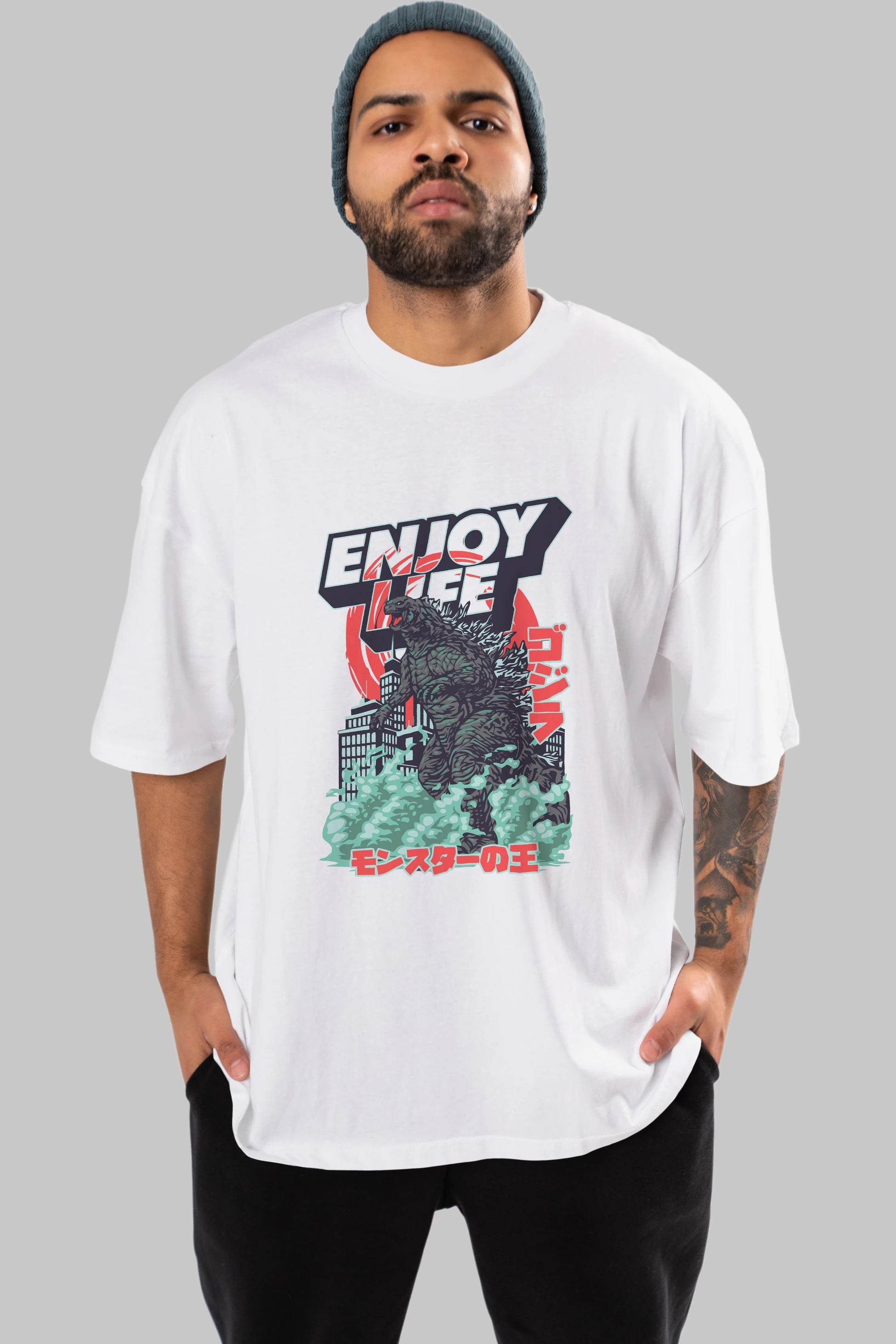 Godzilla Ön Baskılı Oversize t-shirt Erkek Kadın Unisex %100 Pamuk Bisiklet Yaka tişort