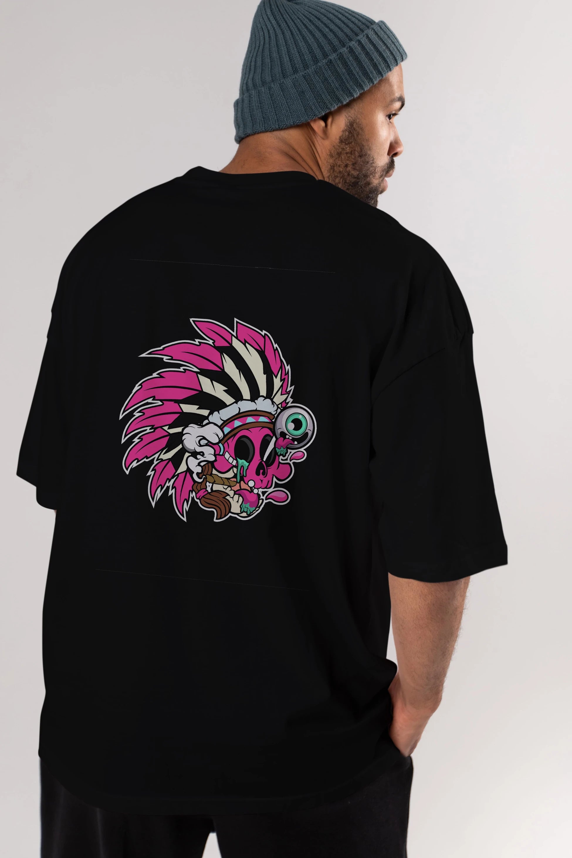 Skull Indian Arka Baskılı Oversize t-shirt Erkek Kadın Unisex %100 Pamuk tişort