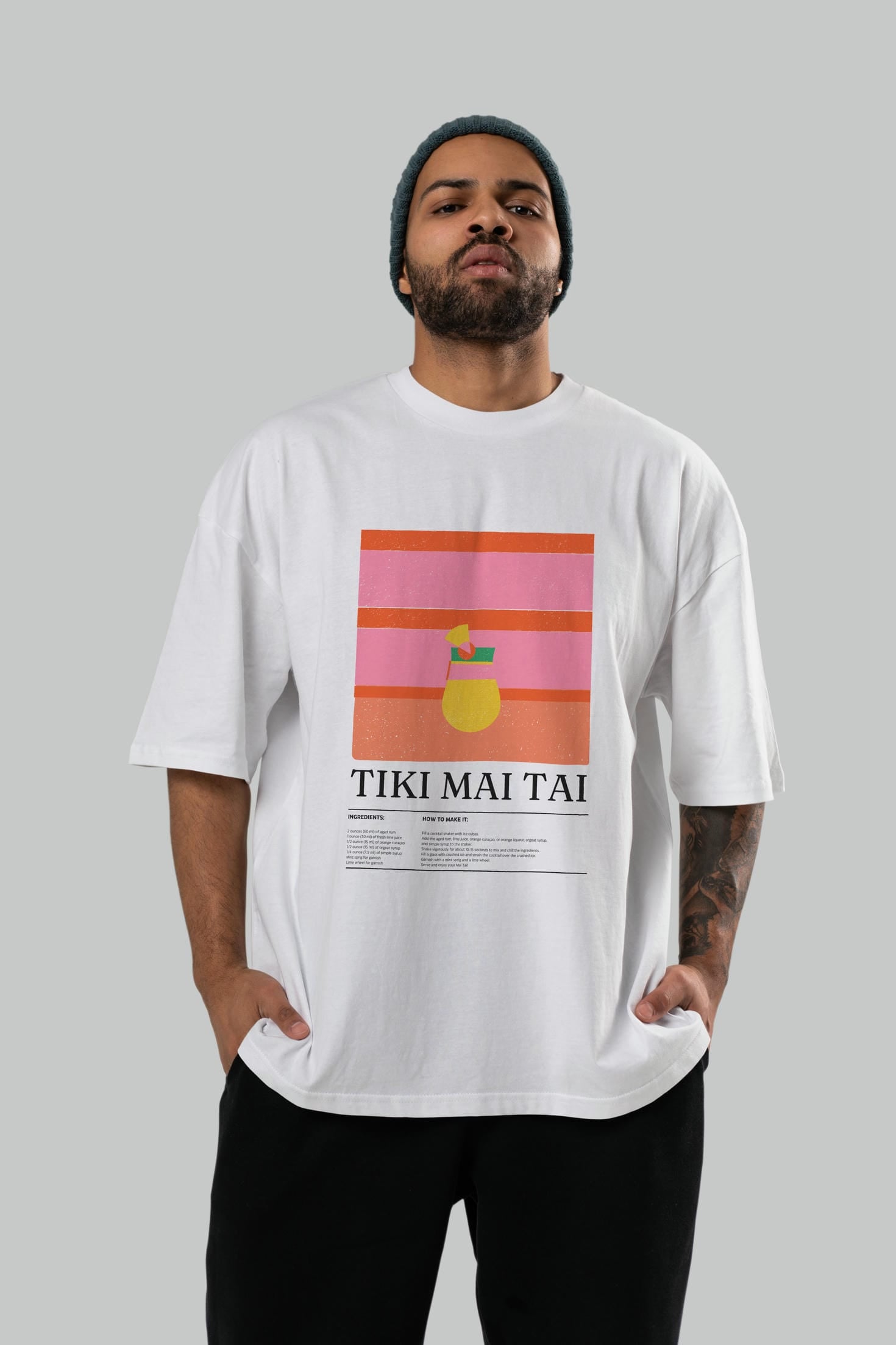 Tiki Mai Tai Kokteyl Ön Baskılı Oversize t-shirt Erkek Kadın %100 Pamuk Bisiklet Yaka tişort