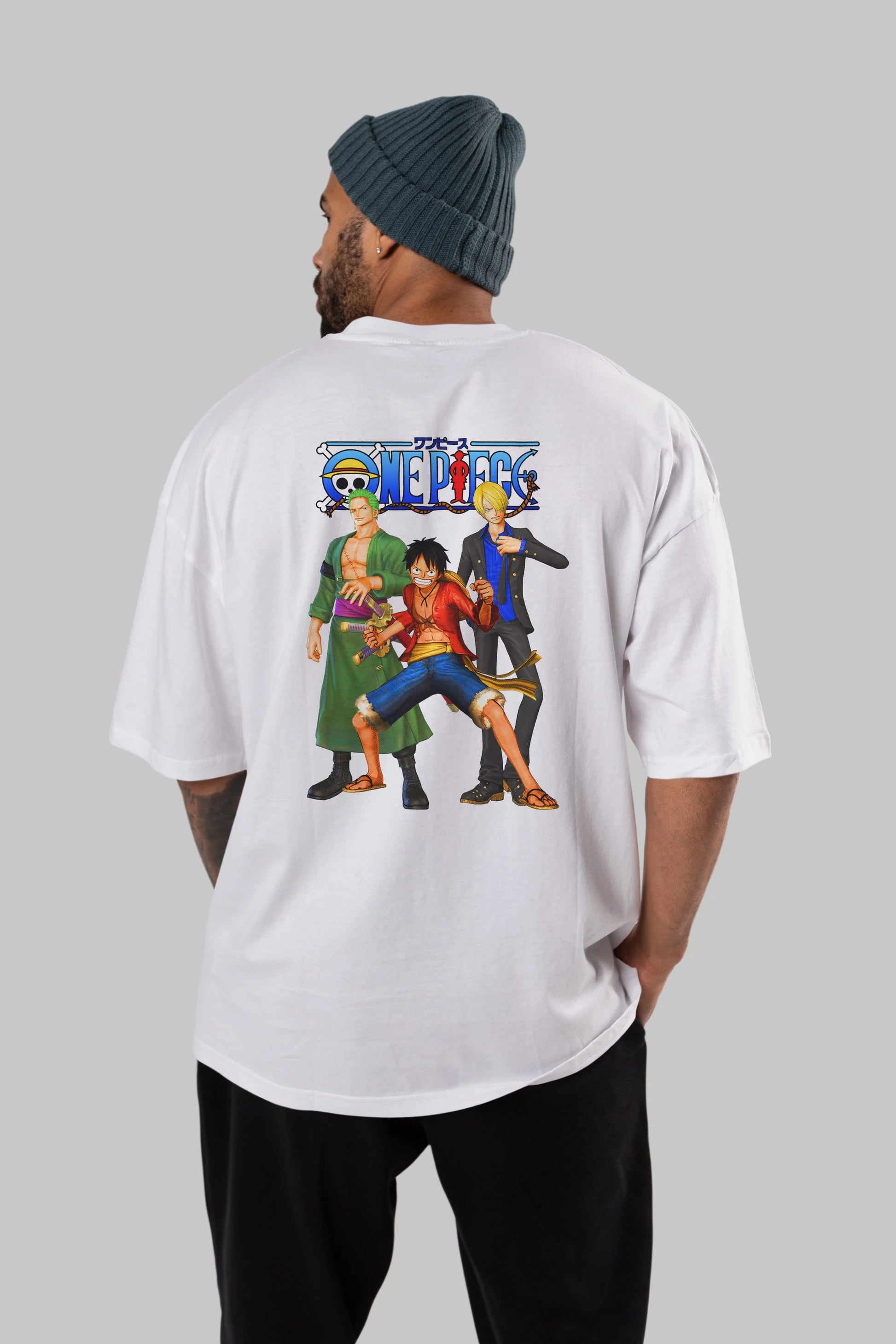 Luffy Sanji Zoro Anime Arka Baskılı Oversize t-shirt Erkek Kadın Unisex %100 pamuk tişort