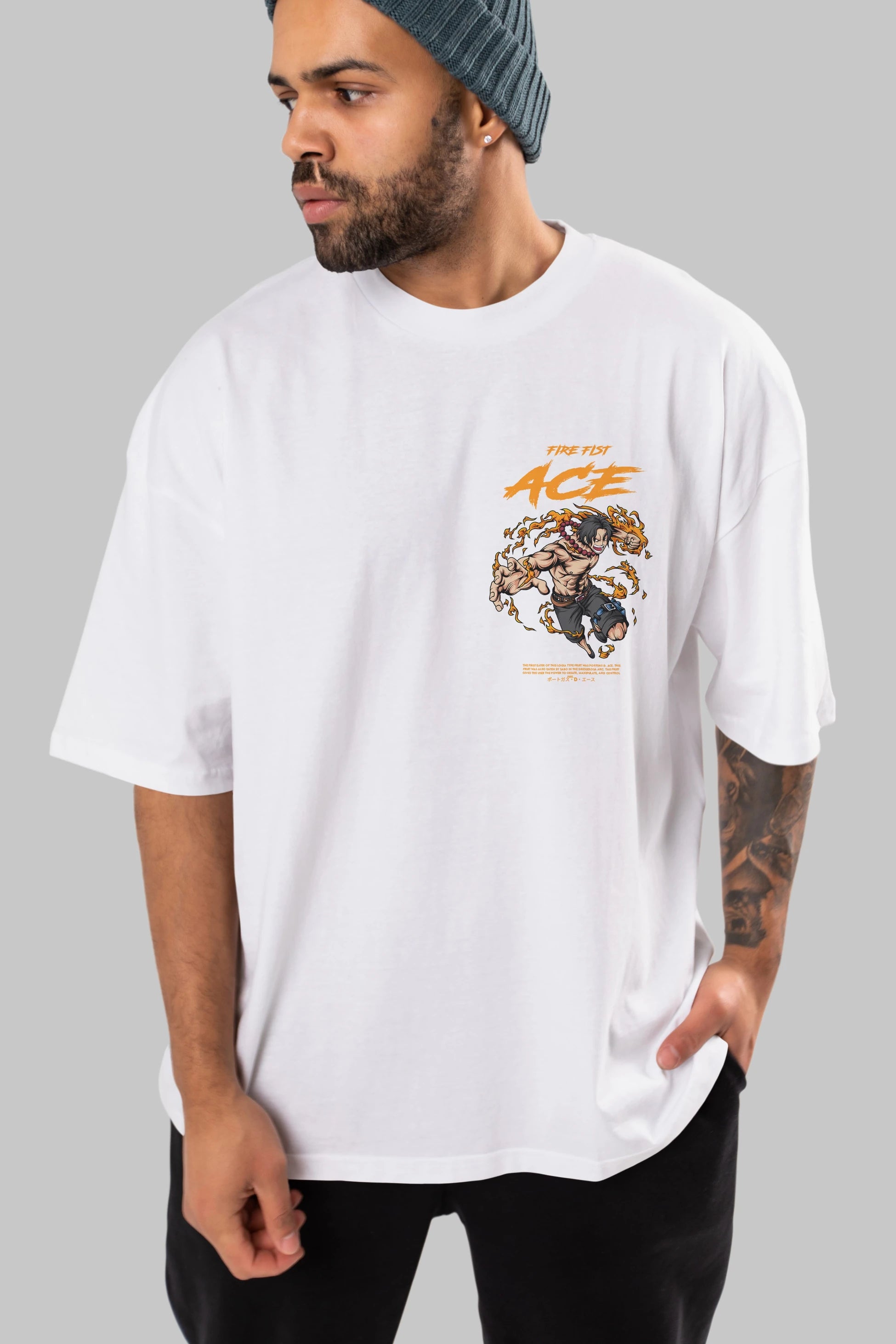 Fire Fist Ace Ön Sol Baskılı Oversize t-shirt Erkek Kadın Unisex %100 Pamuk Bisiklet Yaka tişort
