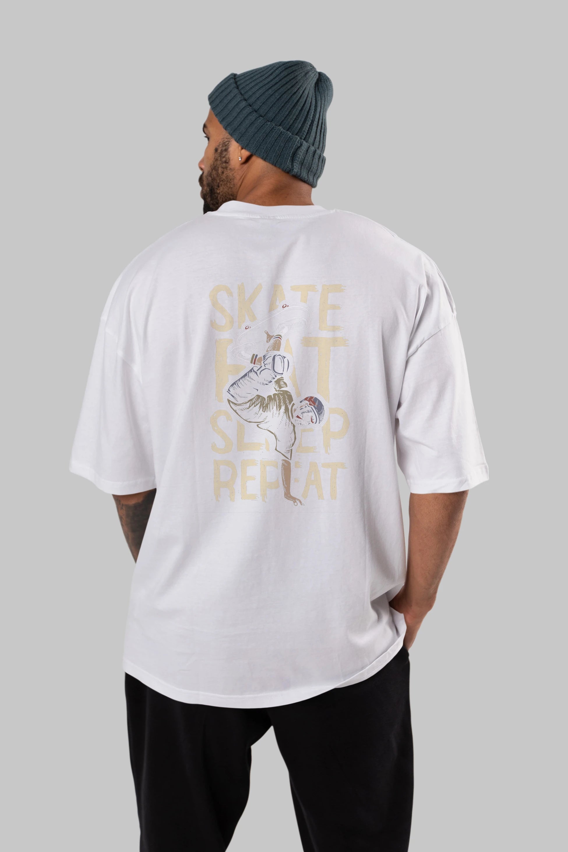 Skate Eat Sleep Repeat Arka Baskılı Oversize t-shirt Erkek Kadın Unisex %100 Pamuk