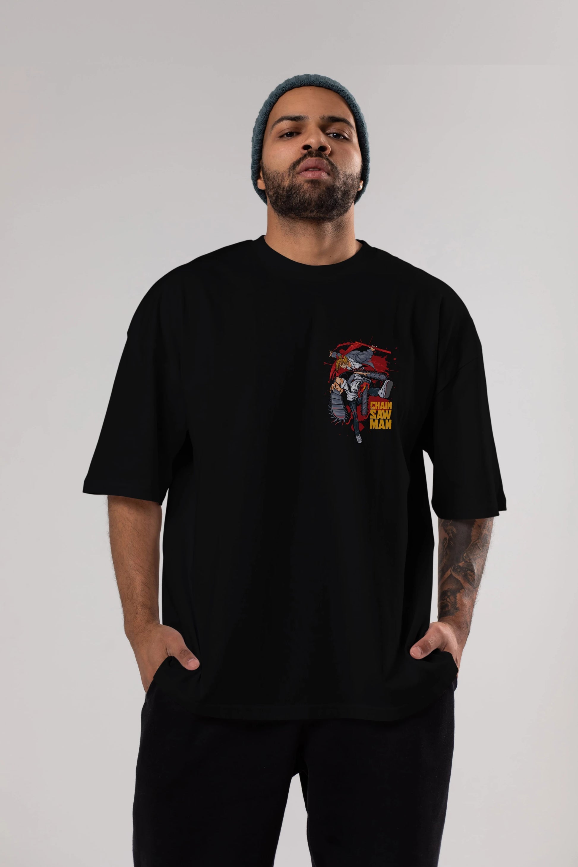 DENJI and POWER Ön Sol Baskılı Oversize t-shirt Erkek Kadın Unisex %100 Pamuk Bisiklet Yaka tişort