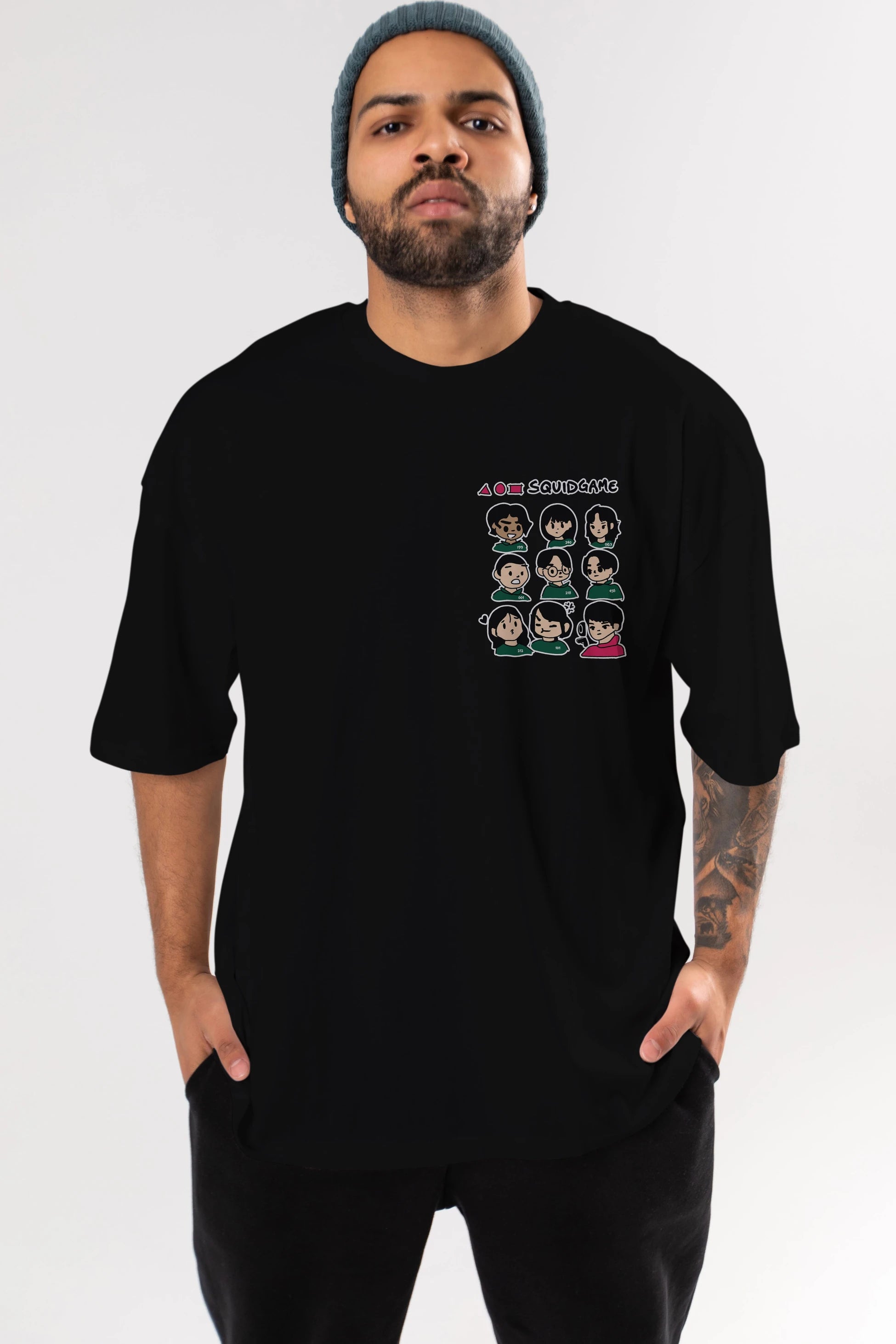Squid Game (3) Ön Sol Baskılı Oversize t-shirt Erkek Kadın Unisex %100 Pamuk Bisiklet Yaka tişort