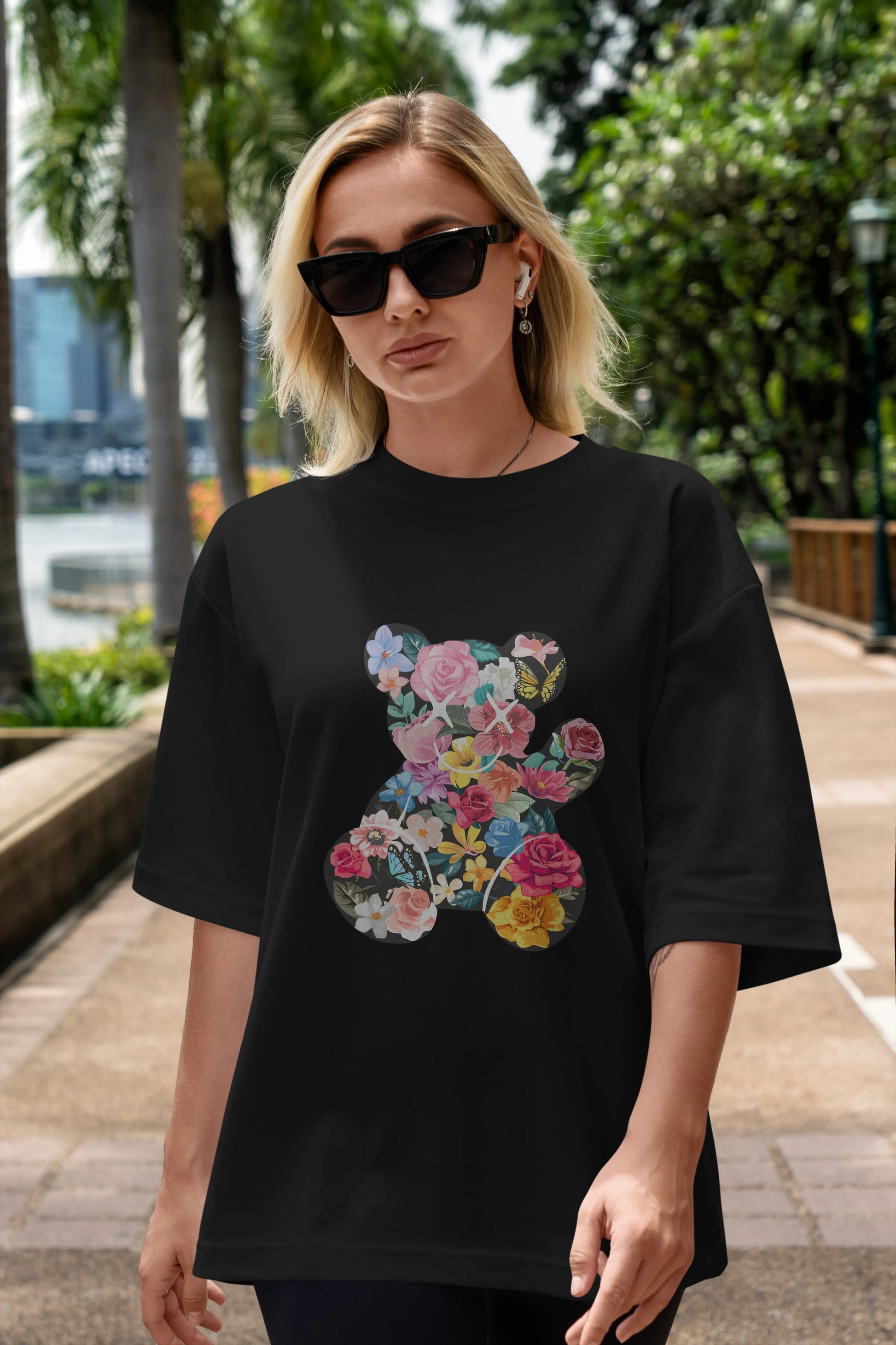 Flowers Bear Ön Baskılı Oversize t-shirt Erkek Kadın Unisex