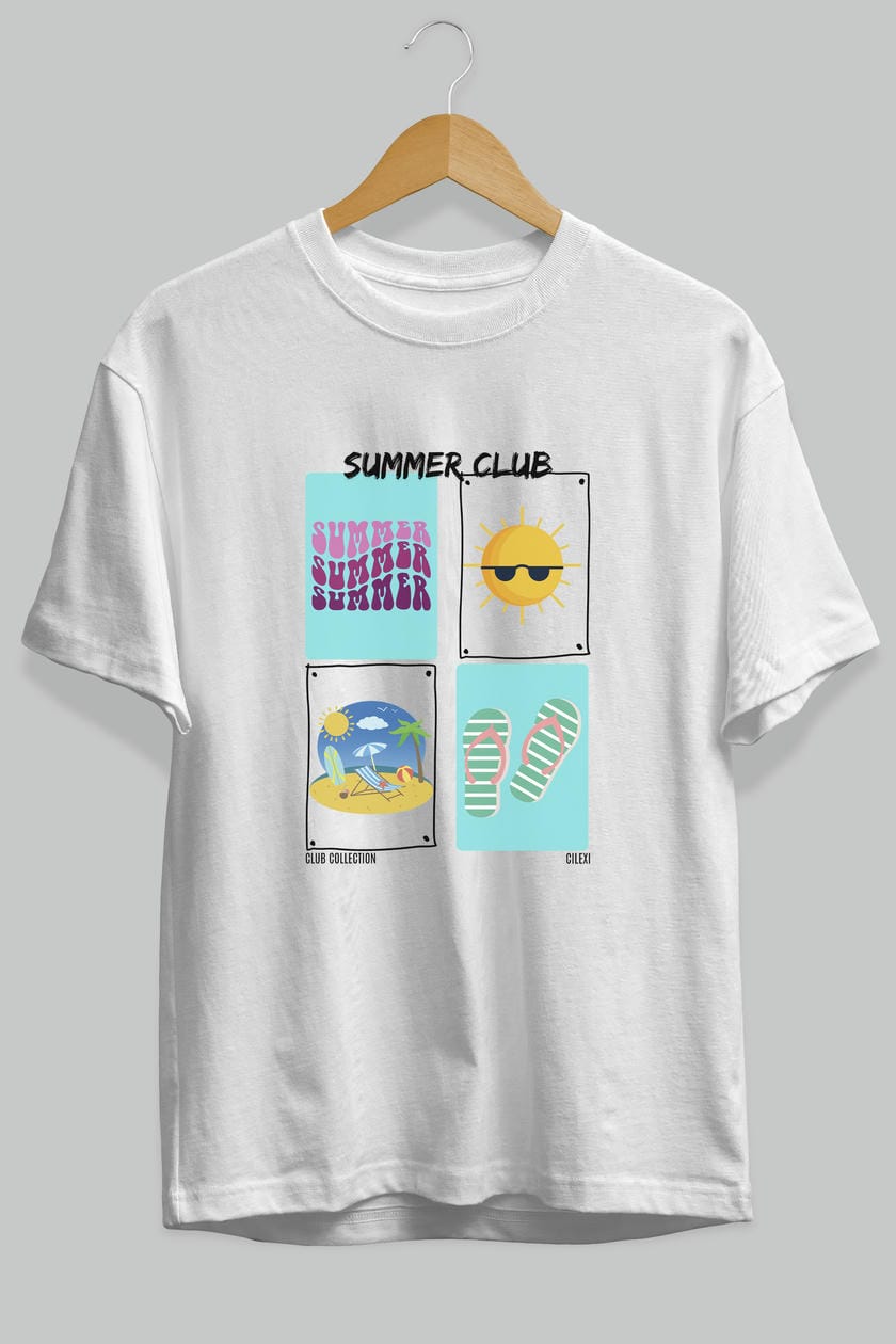 Summer Club ön Baskılı Oversize t-shirt Erkek Kadın %100 Pamuk Bisiklet Yaka tişort