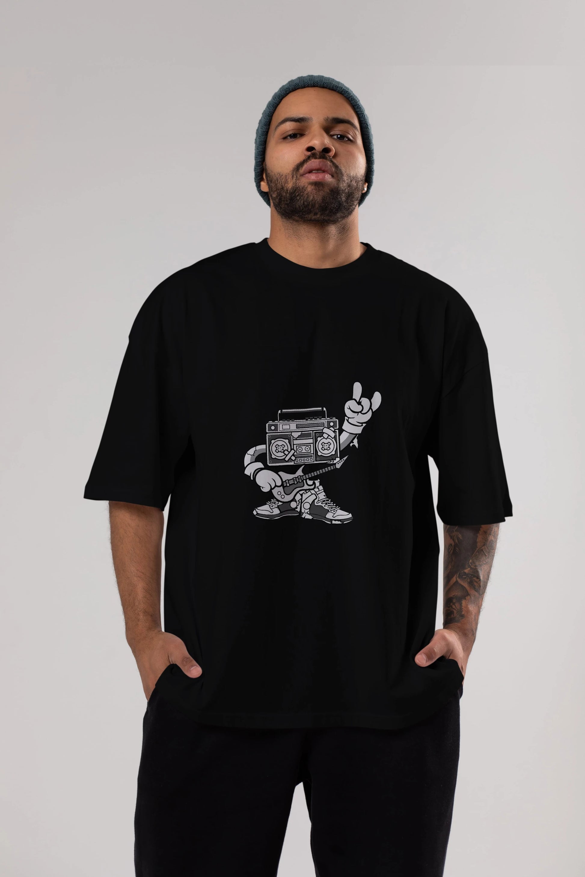 Boombox Rockstar Ön Baskılı Oversize t-shirt Erkek Kadın Unisex %100 Pamuk tişort