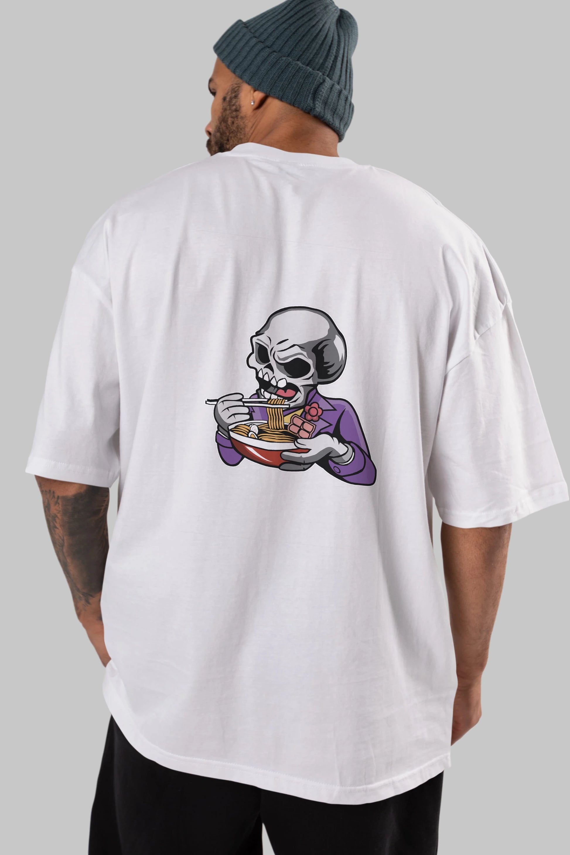 Skull Ramen Arka Baskılı Oversize t-shirt Erkek Kadın Unisex %100 Pamuk tişort
