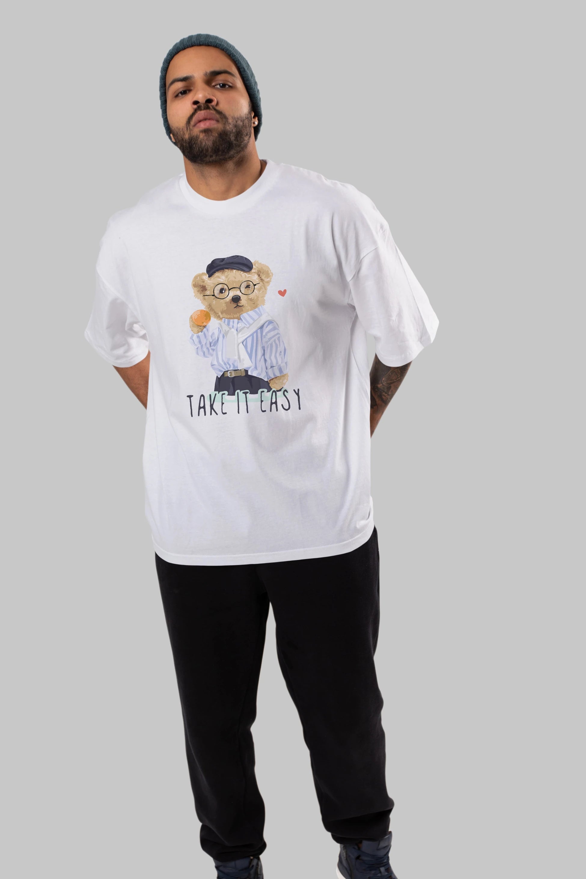 Teddy Bear Take it Easy Ön Baskılı Oversize t-shirt Erkek Kadın Unisex %100 Pamuk