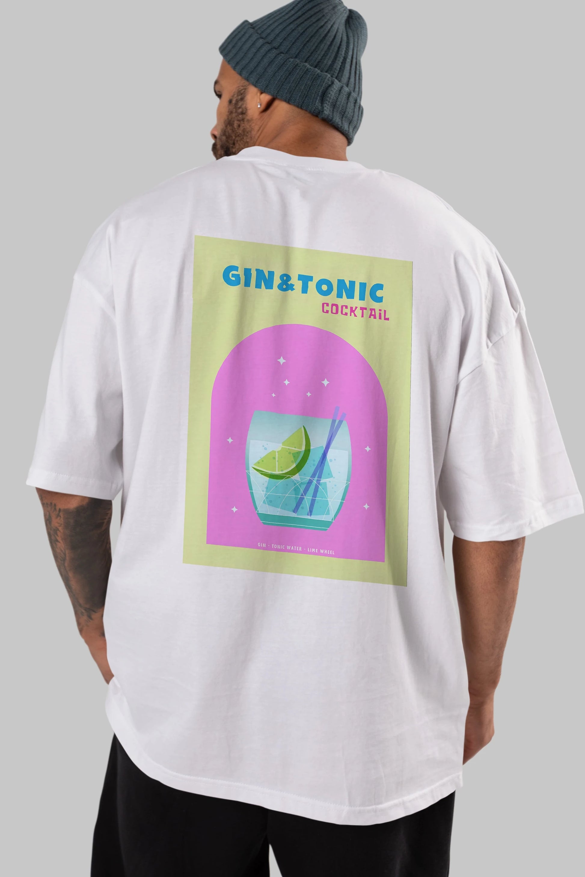 Gin Tonic Cocktail Arka Baskılı Oversize t-shirt Erkek Kadın Unisex %100 Pamuk Bisiklet Yaka tişort
