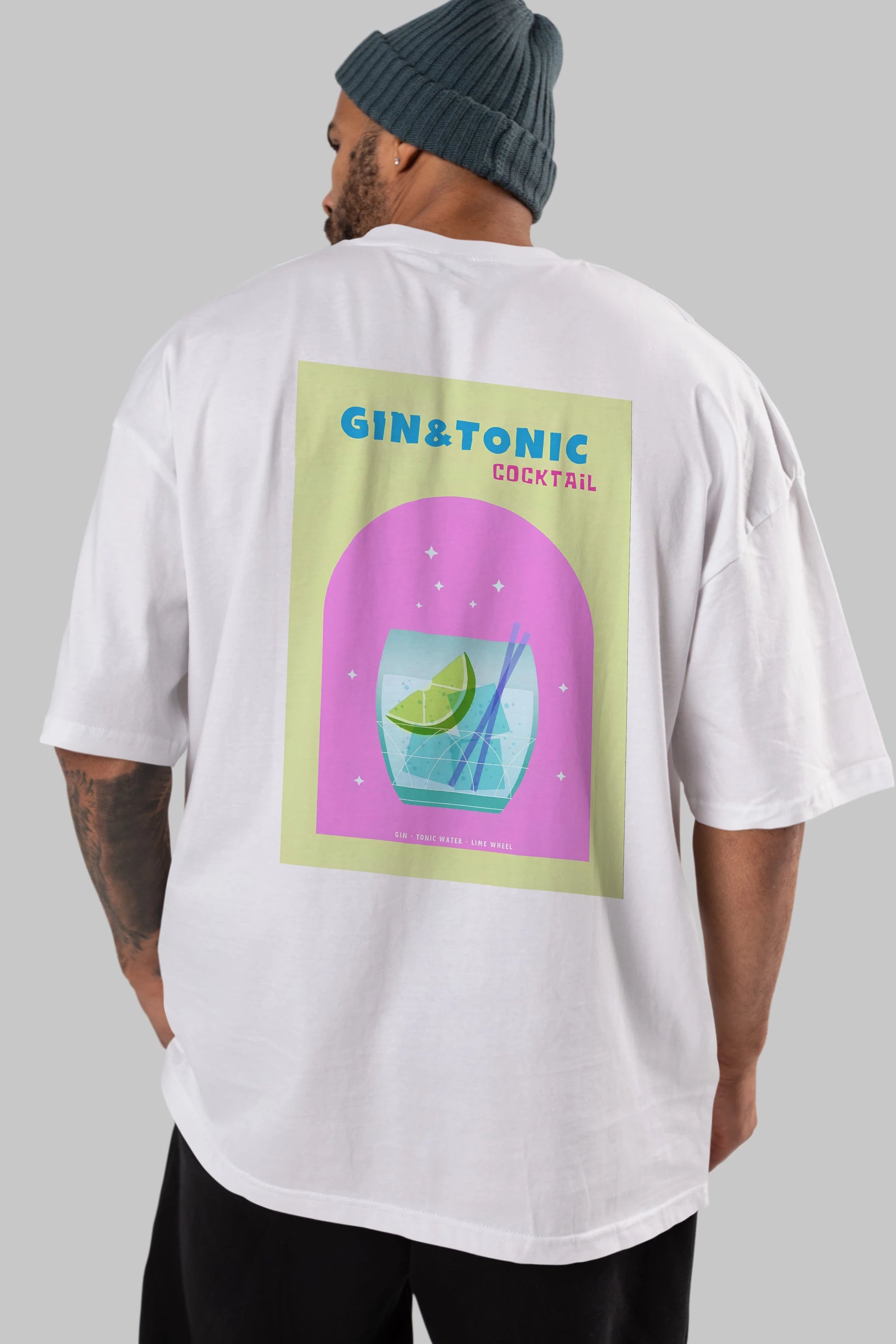 Gin Tonic Cocktail Arka Baskılı Oversize t-shirt Erkek Kadın Unisex %100 Pamuk Bisiklet Yaka tişort