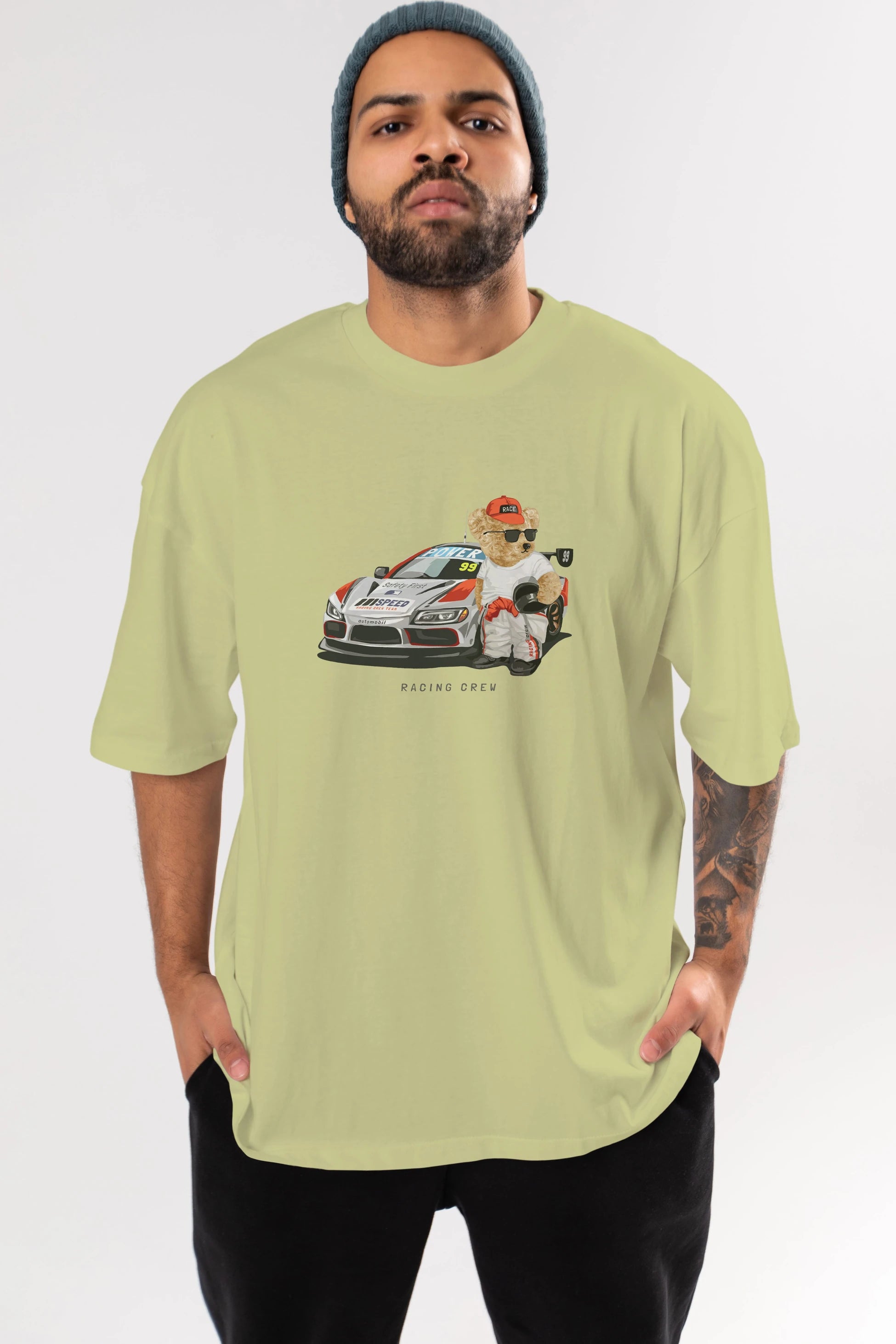 Teddy Bear Racing Crew Ön Baskılı Oversize t-shirt Erkek Kadın Unisex %100 Pamuk