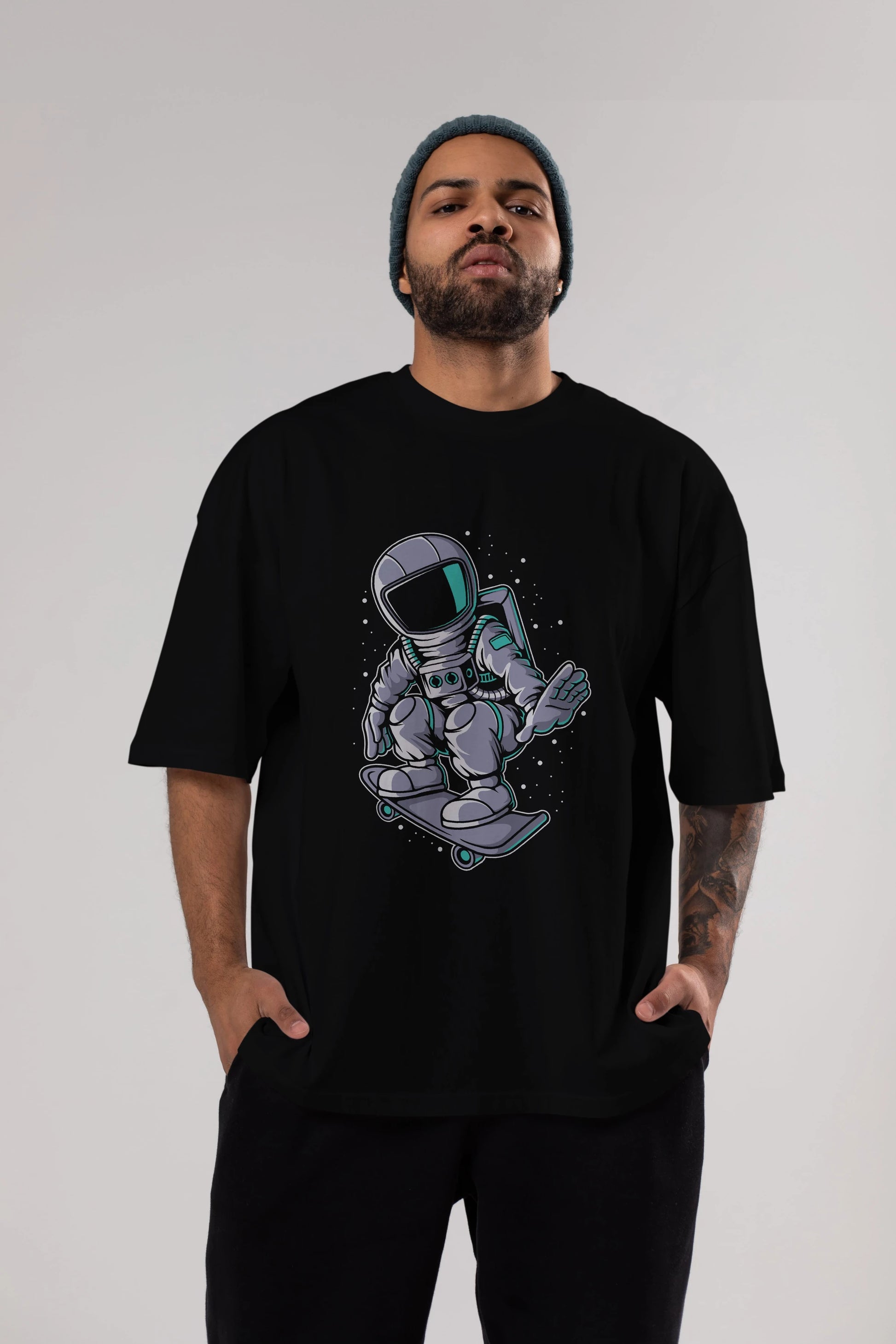 Astronaut Skater Ön Baskılı Oversize t-shirt Erkek Kadın Unisex