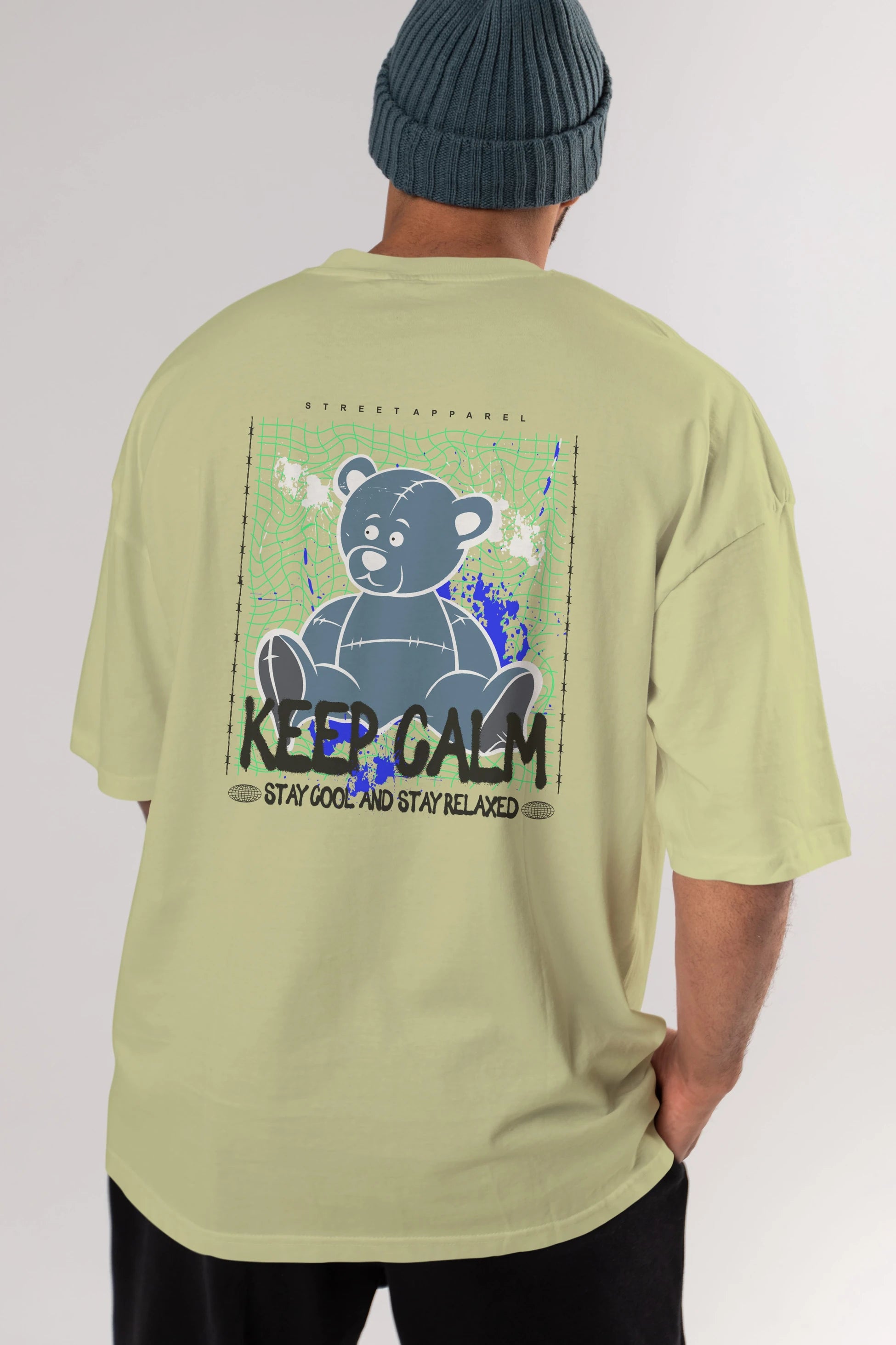 Keep Calm Bear Arka Baskılı Oversize t-shirt Erkek Kadın Unisex