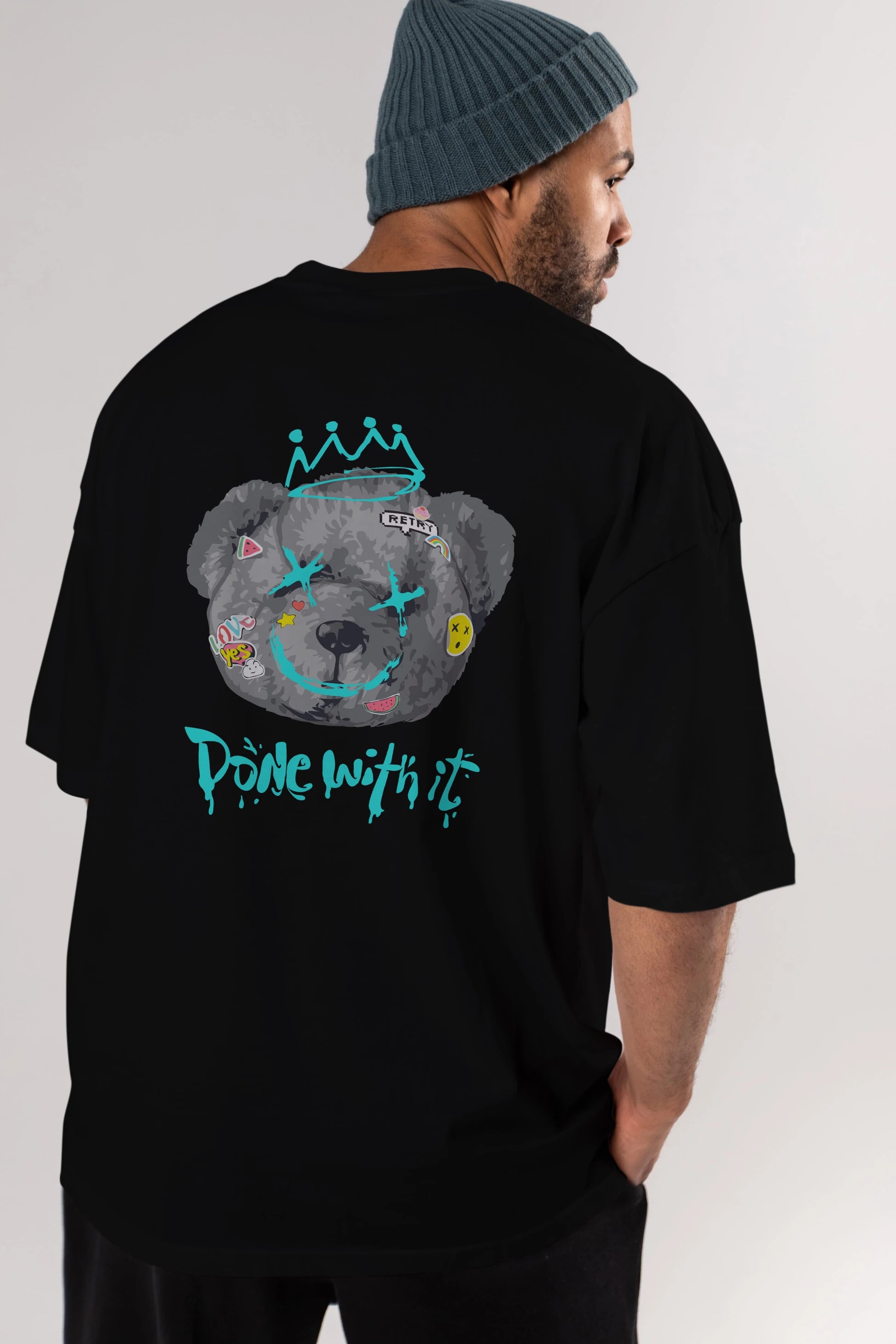 Done With it Bear Arka Baskılı Oversize t-shirt Erkek Kadın Unisex