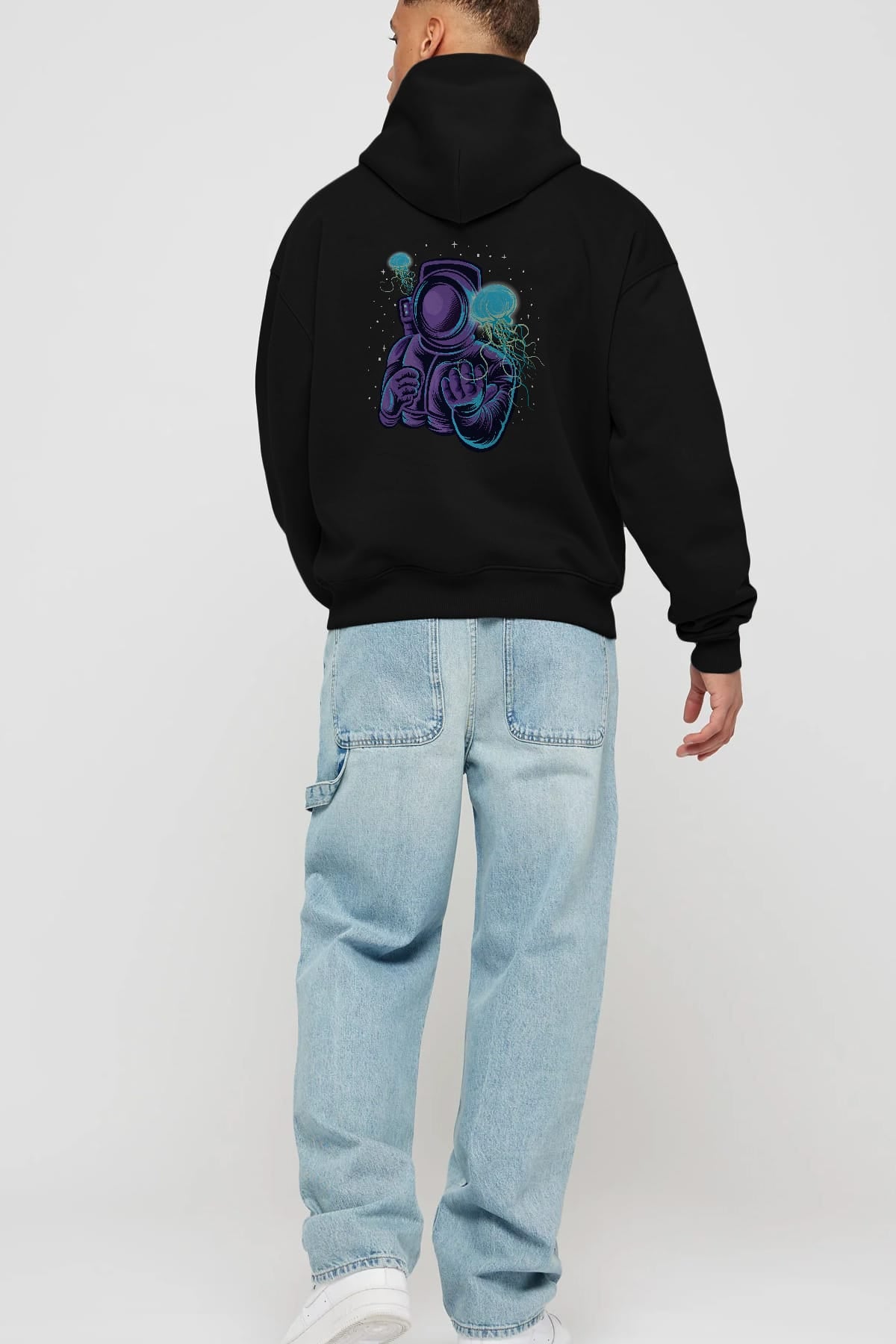 Astronaut and Jellyfish Arka Baskılı Hoodie Oversize Kapüşonlu Sweatshirt Erkek Kadın Unisex