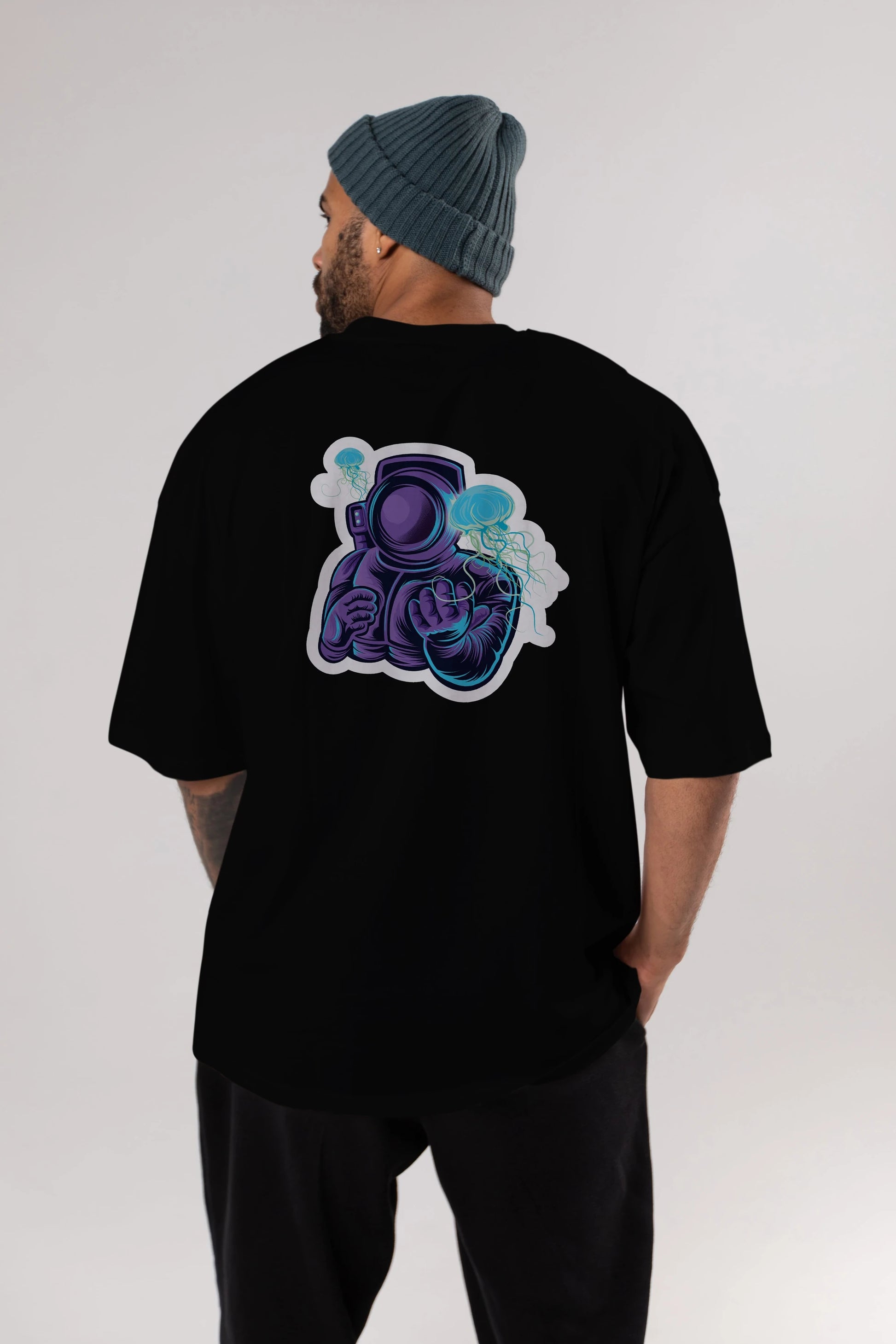 Astronaut and Jellyfish Sticker Arka Baskılı Oversize t-shirt Erkek Kadın Unisex