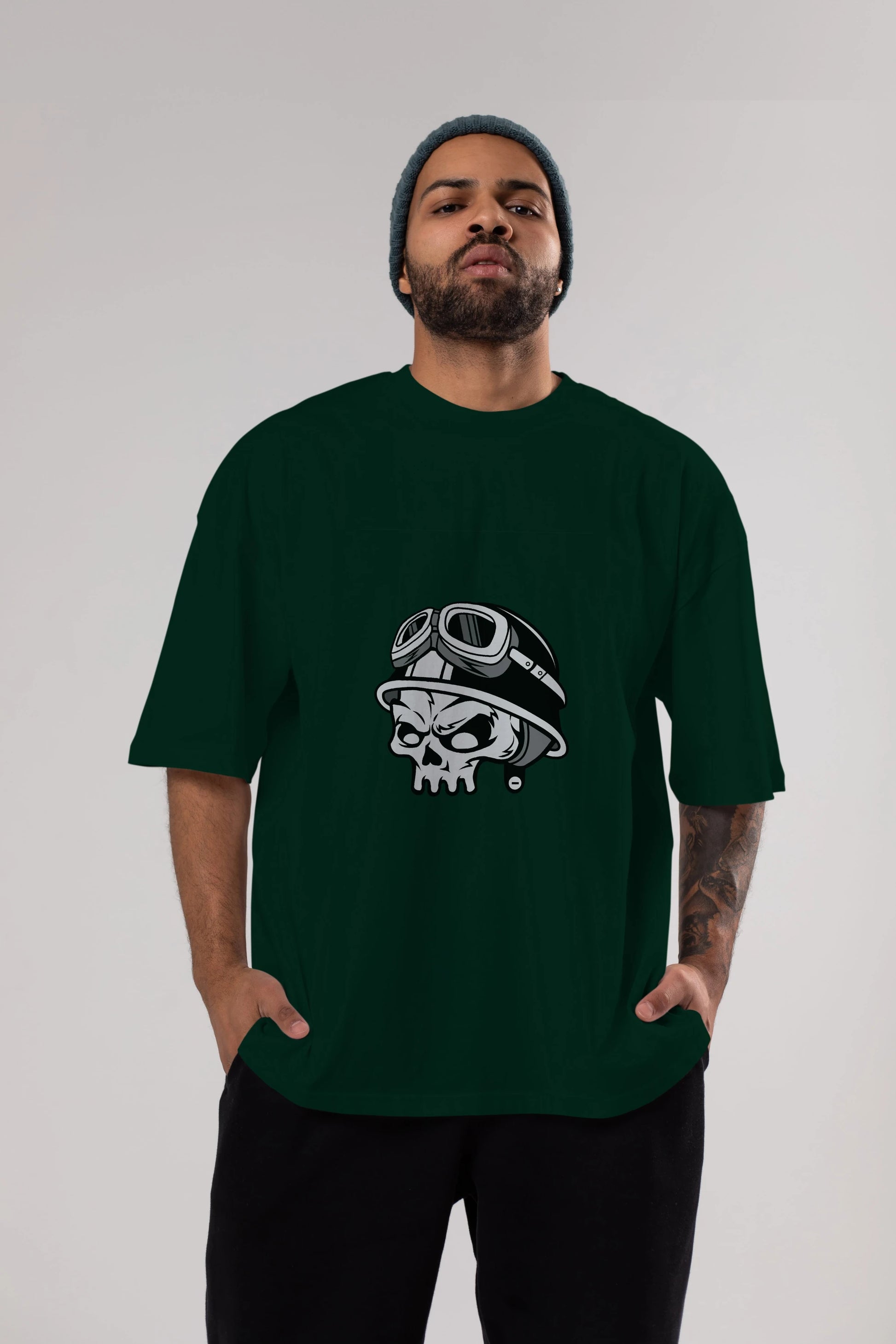 Biker Helmet Ön Baskılı Oversize t-shirt Erkek Kadın Unisex %100 Pamuk tişort